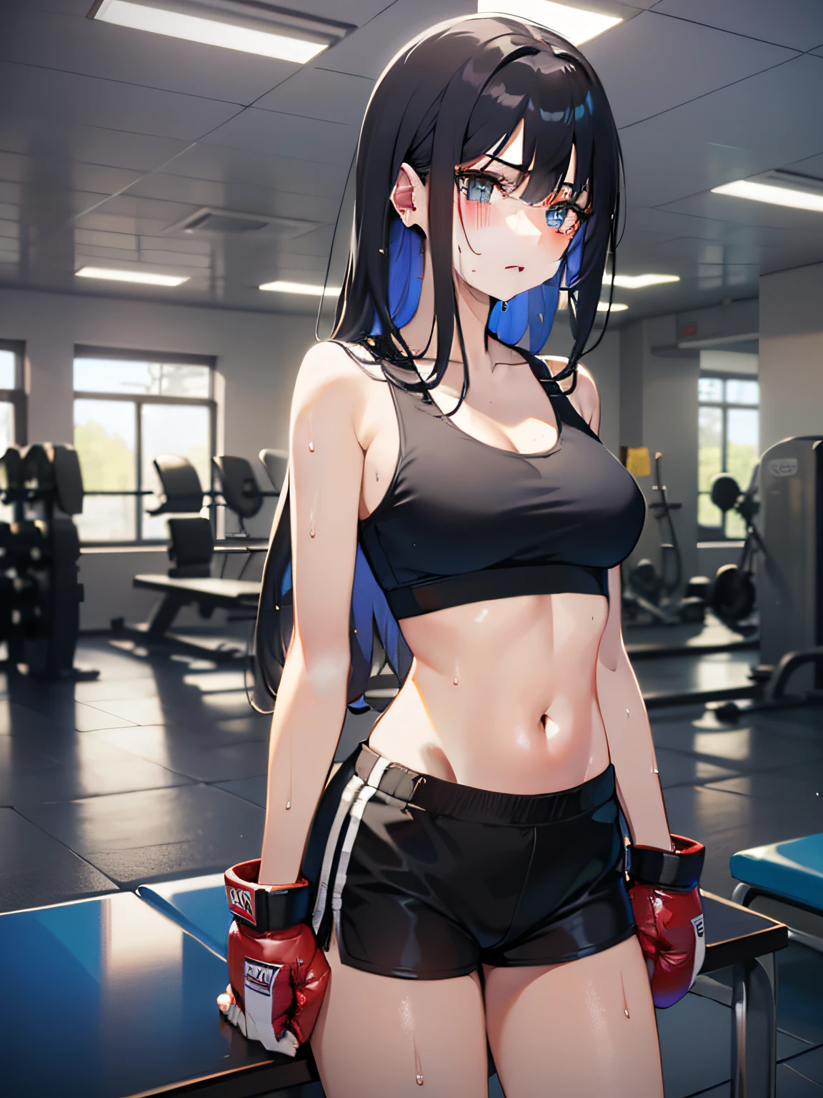 top-quality、8K、One lady((20yr old、ren、Long Black Hair、Blue and black sports bra、White shorts、Sweating、the whole body is wet、Serious face、big bast、Fit Boxing、high-level image quality、I'm inviting you here)),(hiquality)、Background with((sports gym、brightly lit room)),Depth((The table、Benches、drinks、a towel))、hight resolution