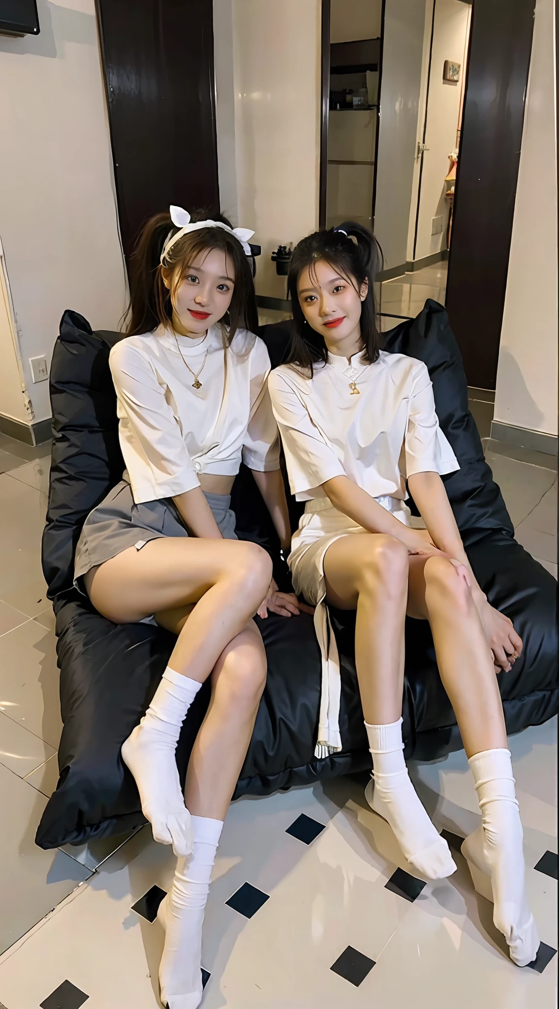 Face the lens,looks into camera,Pupil correction,Best quality at best,tmasterpiece,超高分辨率,(realisticlying:1.4),teens girl,Juvenile,Wear socks,High ponytail