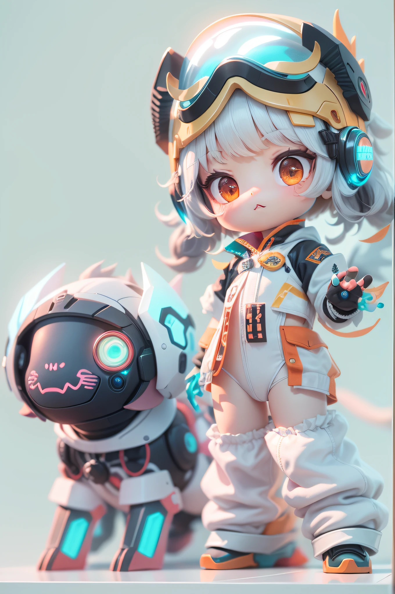 chinesedragon, (Blind box toy style:1.2), (Full body shot) , 1 Transparent cute girl,Behind him is a transparent and cute sheep, Transparent mech, Exquisite helmet:1.2, Luminous goggles:1.2, Cyberpunk, dreamy glow, luminous neon lights, Clean, White background, ( Global illumination, Ray traching, hdr, unreal render,reasonable design, high detal, Masterpiece, Best quality, hyper HD, Cinematic lighting)