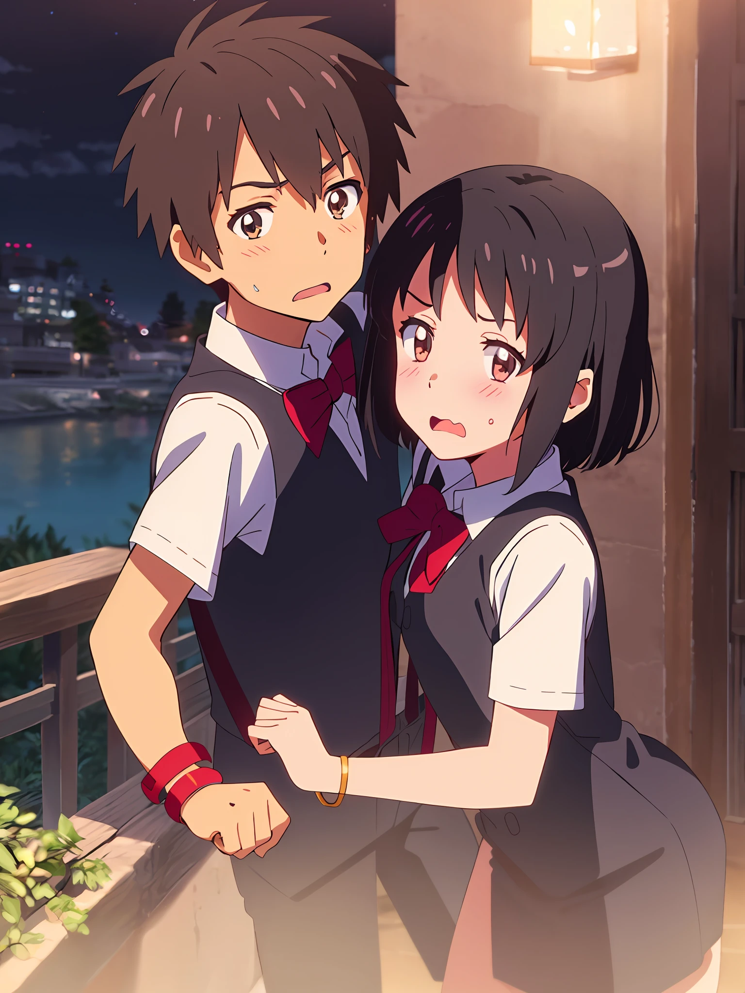 shinkai makoto, kimi no na wa., 1girl, 1boy, bangs, black hair, blush, brown eyes, Suspender Clothes, looking at the viewer, Clavicle, red bow, red headband, red ribbon, short hair, cute, couple, short sleeves, open mouth, Night, Nightview, Outdoors, Fighting Stance, Despair Face, bracelet