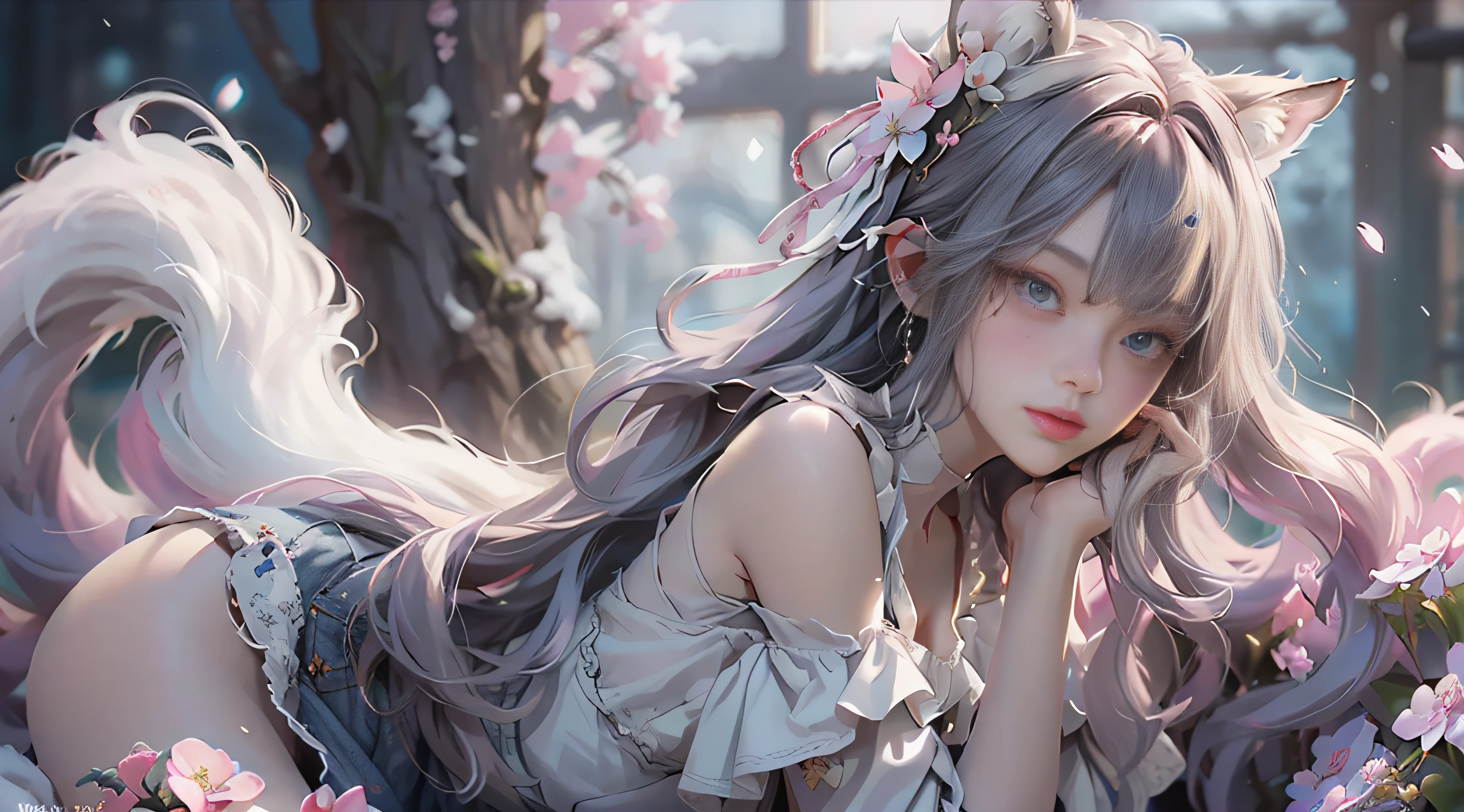 ((best qualtiy)), ((tmasterpiece)), (detail:1.4), Beautiful cyberpunk female images,hdr(HighDynamicRange),Ray traching,NVIDIA RTX,Hyper-Resolution,illusory 5,sub surface scattering,PBR textures,post-proces,Anisotropy Filtering,depth of fields,maximum definition and sharpness,Many-Layer Textures,Albedo e mapas Speculares,Surface coloring,Mitsu-Accurate simulation of material interactions,perfectly proportioned,rendering by octane,Two-colored light,largeaperture,Low ISO,White balance,Rule three points、8K raw data、Beautiful bright blue pupils,off-the-shoulder clothes,Fine pupils,Delicate face and eyes,long eyelasher,Blushlush,Delicate and fluffy hair,pink lip,Pure,Cute face,Sweet girl,Artistic sense,Casual wear,Advancedsense,butterflys,Cherry blossom petal,Beautiful hair accessories,Long hair and waist,Hair fluttering in the wind,Snow-white fox ears,curlies,Snow-white fluffy tail,Positive light,The light from the back window is backlighted