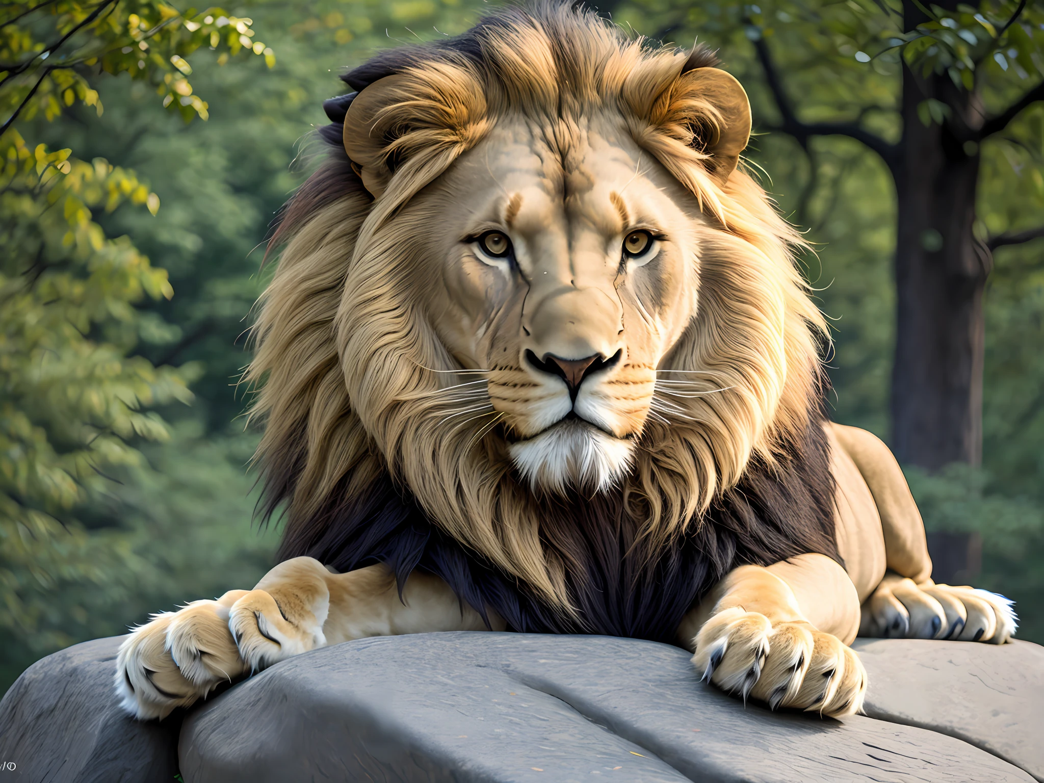 photorealistic, A lion sitting on a rock in central park