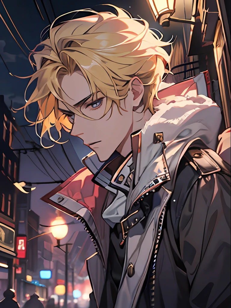 8K，tmasterpiece，The picture is detailed，20-year-old man，Very handsome，full bodyesbian，city night scene，lamplight，full bodyesbian，blond hairbl，Manteau