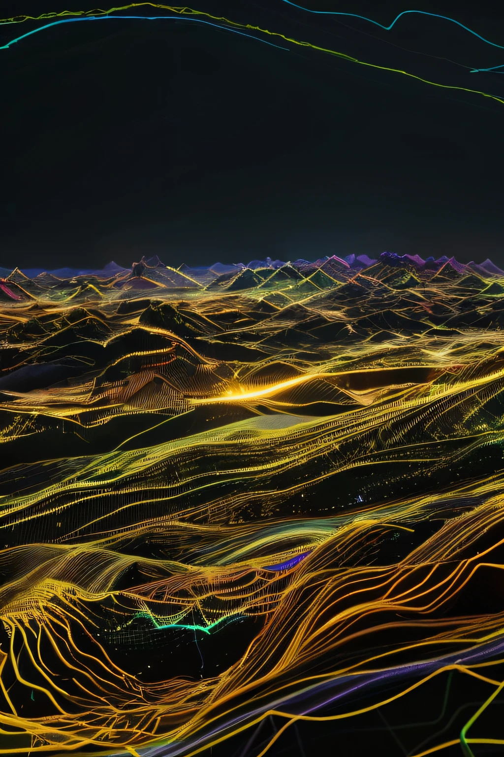 Abstract Data Landscape:Camera: DSLR with a macro lens; Lighting: Soft, indirect; Color Depth: Vibrant colors with yellow and electric black."Visualize a vast digital terrain, with flowing data rivers and rolling hills made of binary codes. In the distance, holographic charts and graphs rise like skyscrapers, illustrating the pulse and rhythm of enterprise data.