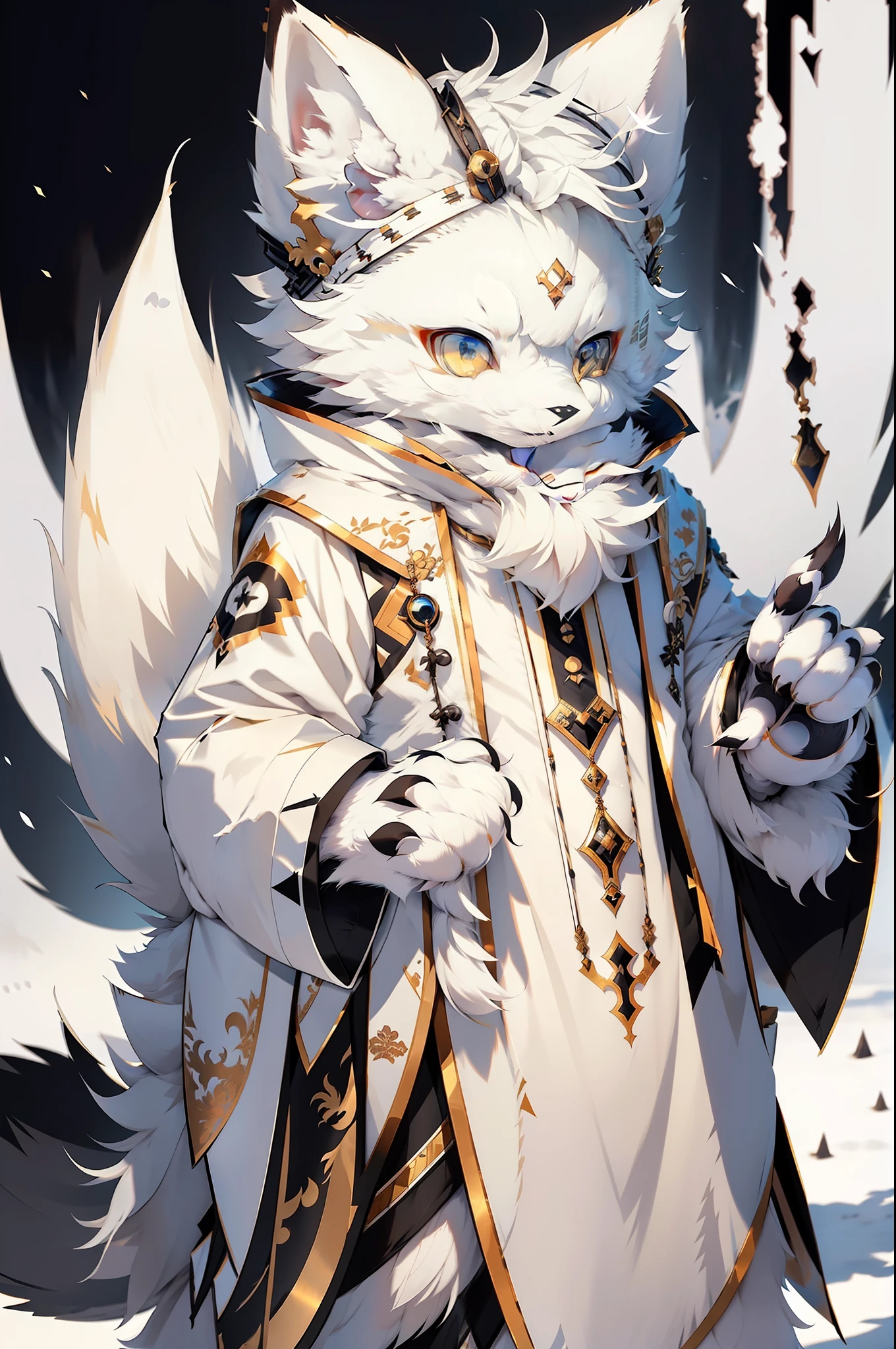 独奏,furry,Male Arctic fox,White fur,White skin,White ears,sharp look,Golden eyes,sharp talons,Fluffy tail,White paws