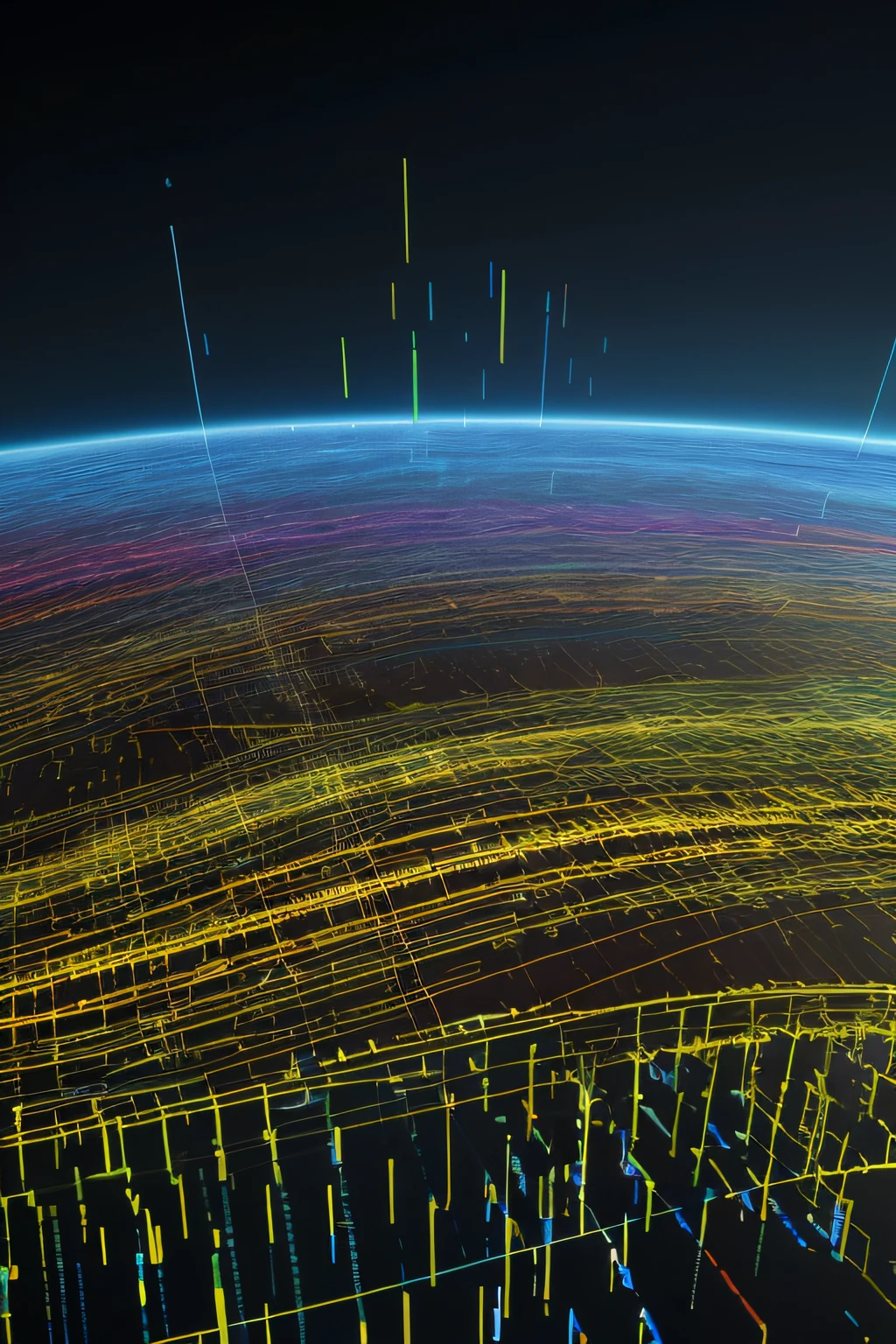 Abstract Data Landscape:Camera: DSLR with a macro lens; Lighting: Soft, indirect; Color Depth: Vibrant colors with yellow and electric black."Visualize a vast digital terrain, with flowing data rivers and rolling hills made of binary codes. In the distance, holographic charts and graphs rise like skyscrapers, illustrating the pulse and rhythm of enterprise data.