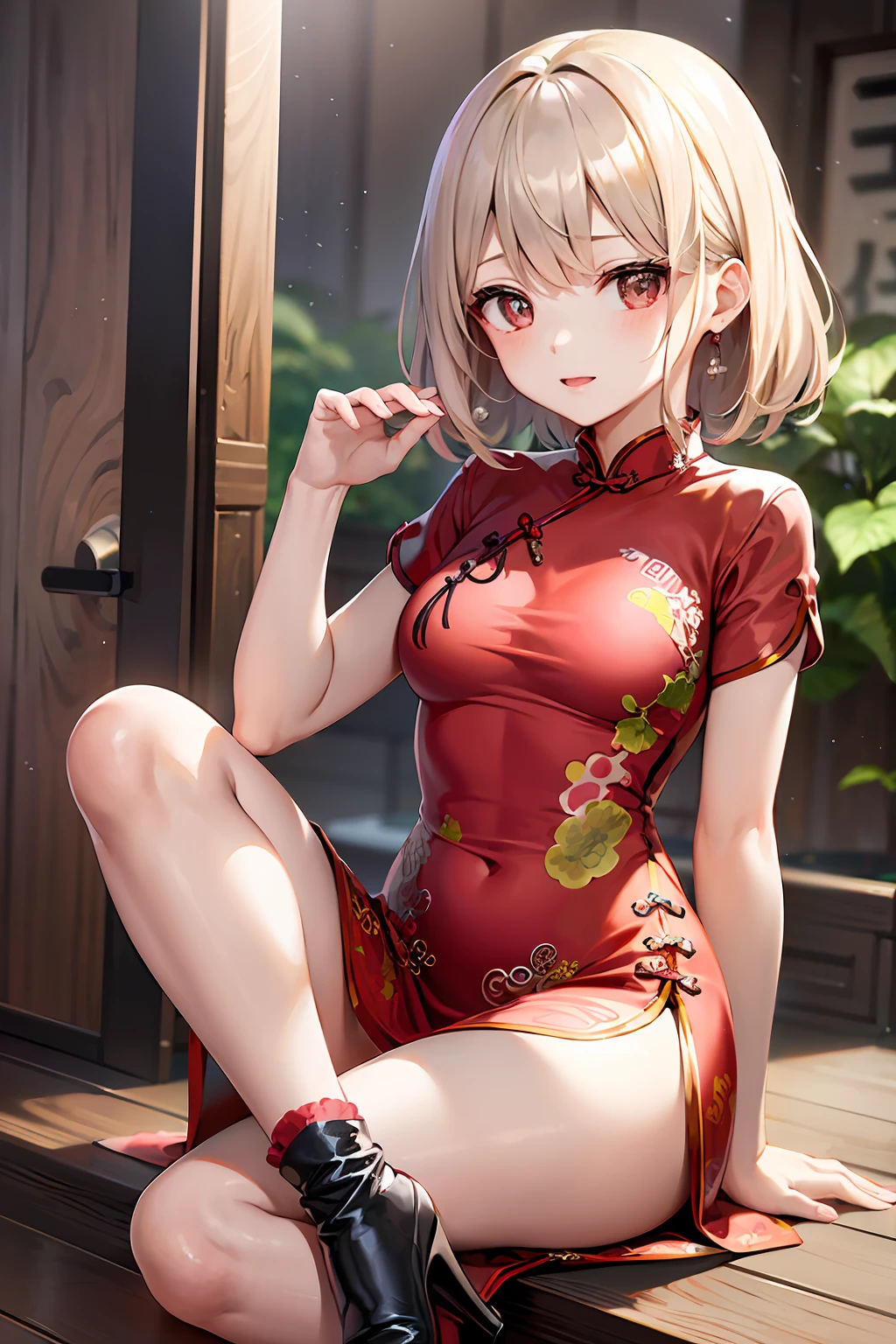  1 人、((Red Mini Cheongsam))、cute little、(Kpop Idle)、(Charming Monkey:1)、(Platinum Blonde Hair:1)、((Puffy eyes))、Looking for the observer side、full body Esbian、facing the front there