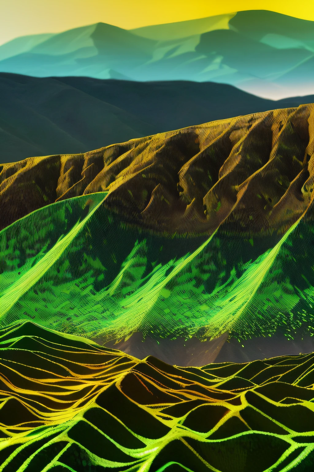 Abstract Data Landscape:Camera: DSLR with a macro lens; Lighting: Soft, indirect; Color Depth: Vibrant colors with yellow and metalic green."Visualize a vast digital terrain, with flowing data rivers and rolling hills made of binary codes. In the distance, holographic charts and graphs rise like skyscrapers, illustrating the pulse and rhythm of enterprise data.