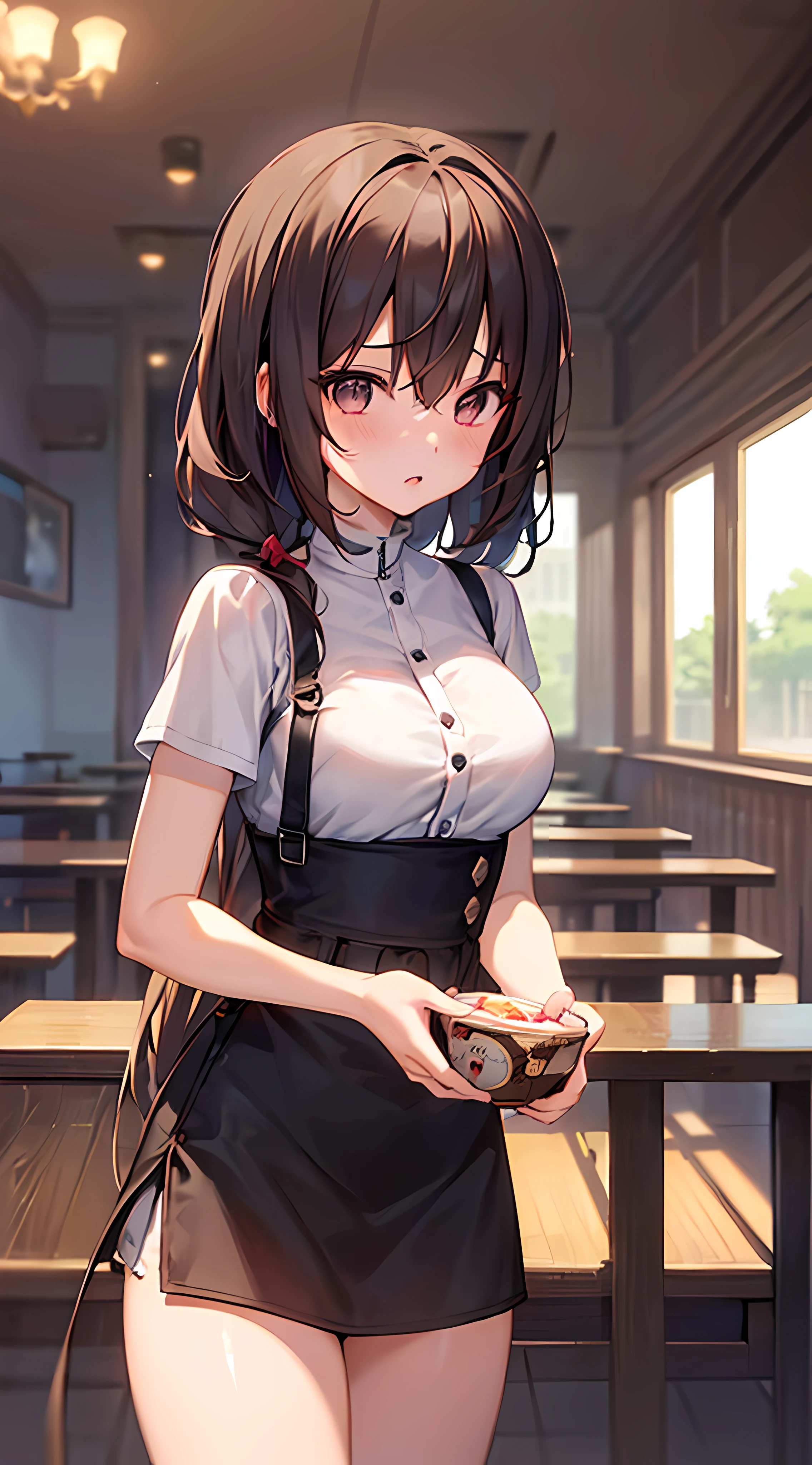 (masterpiece), (anime style), 1girl, shot from below, award winning, extreme close-up shot, centered, focused shot, Instagram able, strawberry ice cream sundae, cafe interior, afternoon city park background, dynamic lighting, depth of field, ultra detailed, (epic composition, epic proportion), 2D illustration, panoramic, professional work, Makoto Shinkai,