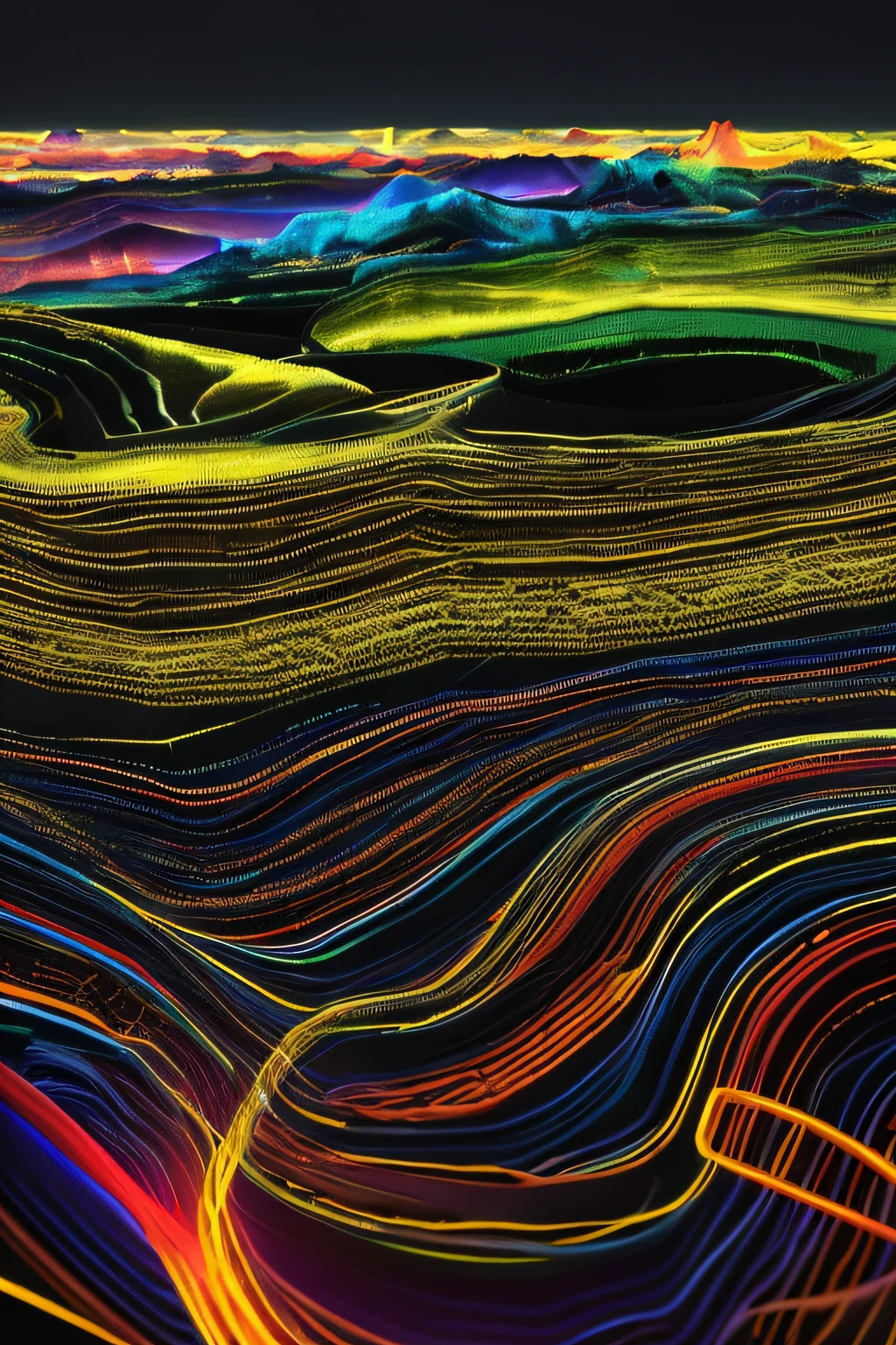 Abstract Data Landscape:Camera: DSLR with a macro lens; Lighting: Soft, indirect; Color Depth: Vibrant colors with yellow and electric black."Visualize a vast digital terrain, with flowing data rivers and rolling hills made of binary codes. In the distance, holographic charts and graphs rise like skyscrapers, illustrating the pulse and rhythm of enterprise data.