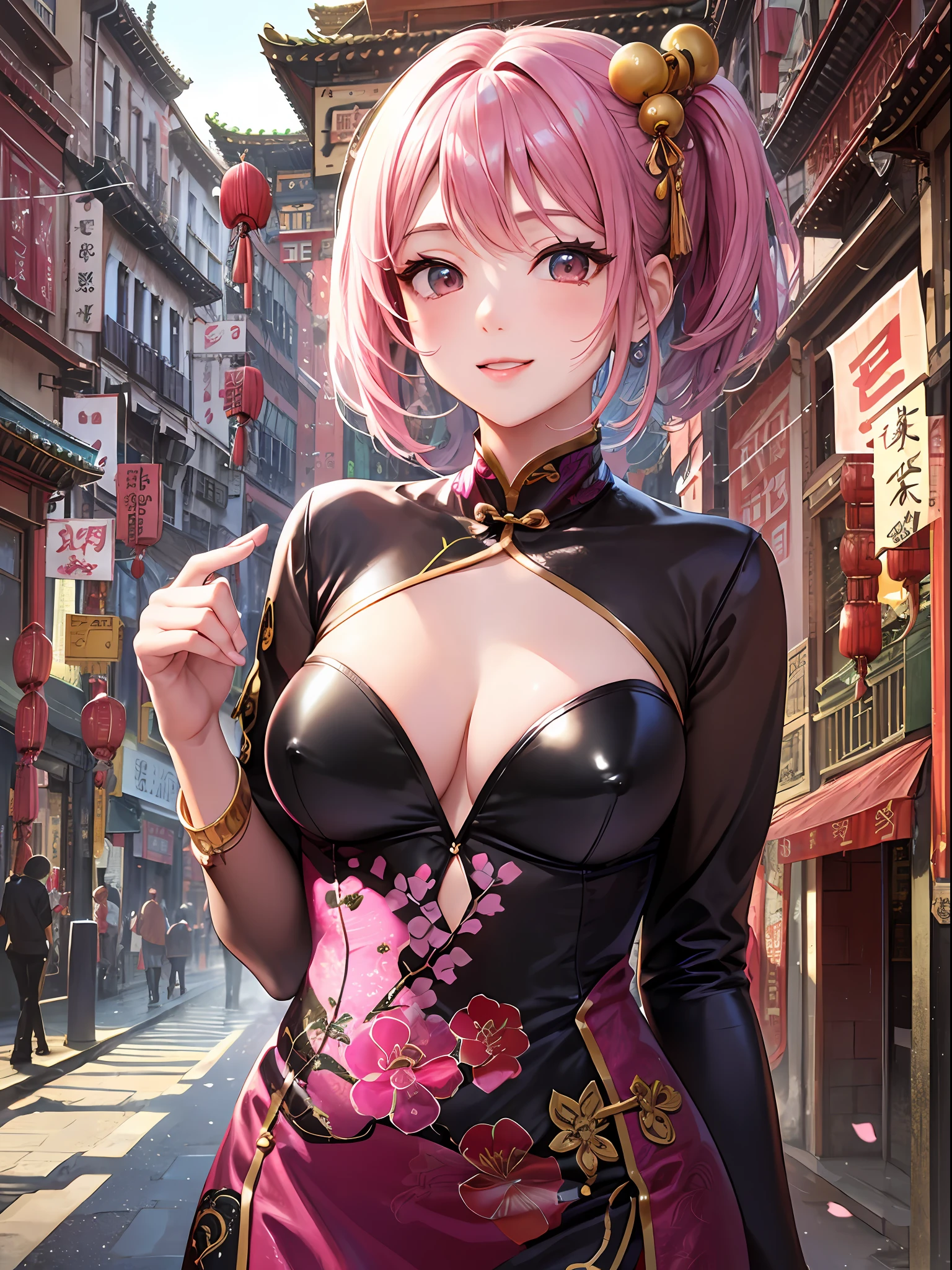 (top-quality: 1.3), (​masterpiece: 1.3), (Super Detail: 1.3), (wall-paper, one girls: 1.1), (Detailed hands and fingers:1.2)、(Detailed ultra-oily shiny skin:1.1)、([Wetty:0.8|MuCoi])、oily shiny thighhigh、(Pink cheongsam:1.2)、sexypose、is standing、Pink hair、Shorthair、poneyTail、Beautiful sister、ssmile、(Chinatown:1.3)、fullllbody