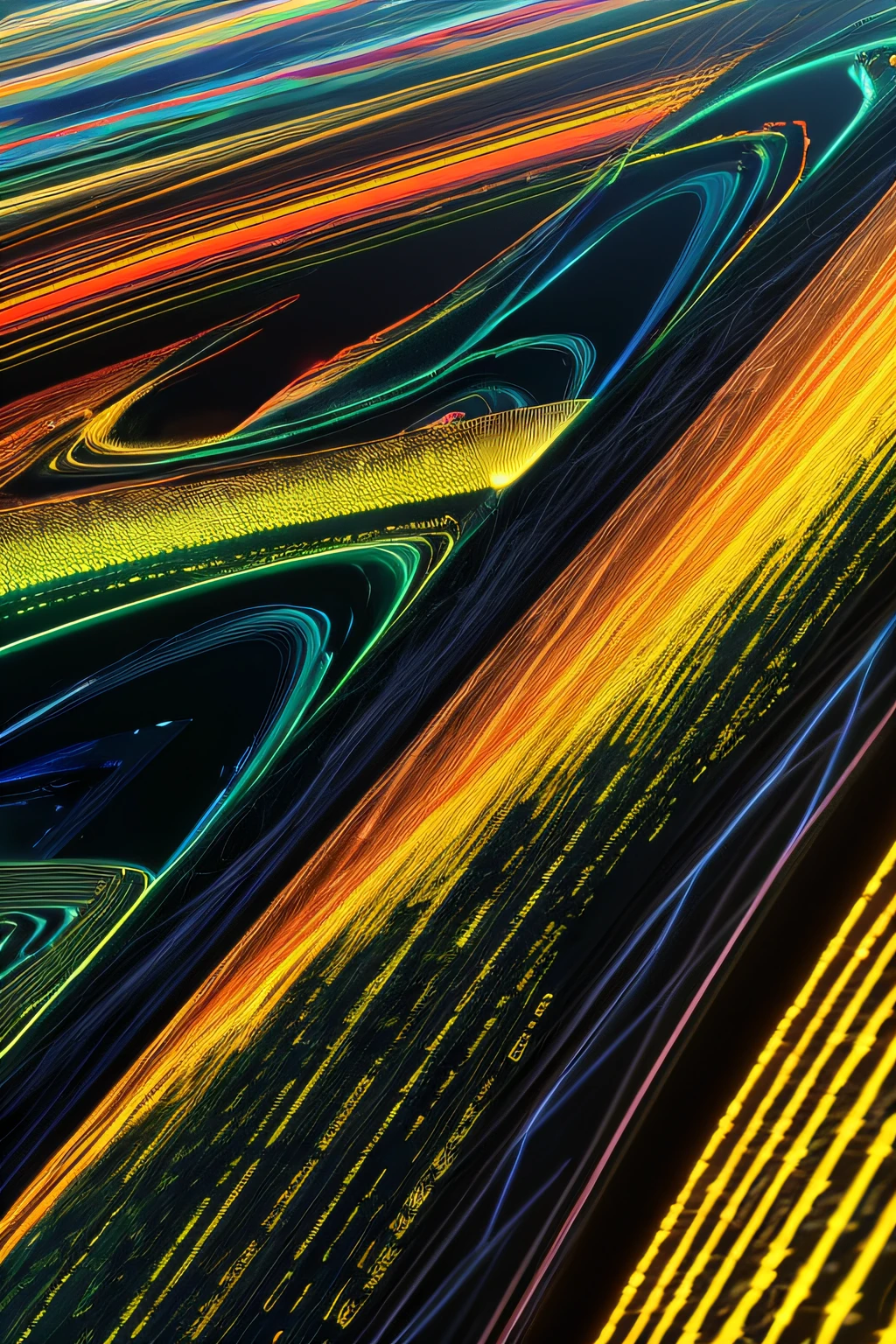 Abstract Data Landscape:Camera: DSLR with a macro lens; Lighting: Soft, indirect; Color Depth: Vibrant colors with yellow and electric black."Visualize a vast digital terrain, with flowing data rivers and rolling hills made of binary codes. In the distance, holographic charts and graphs rise like skyscrapers, illustrating the pulse and rhythm of enterprise data.