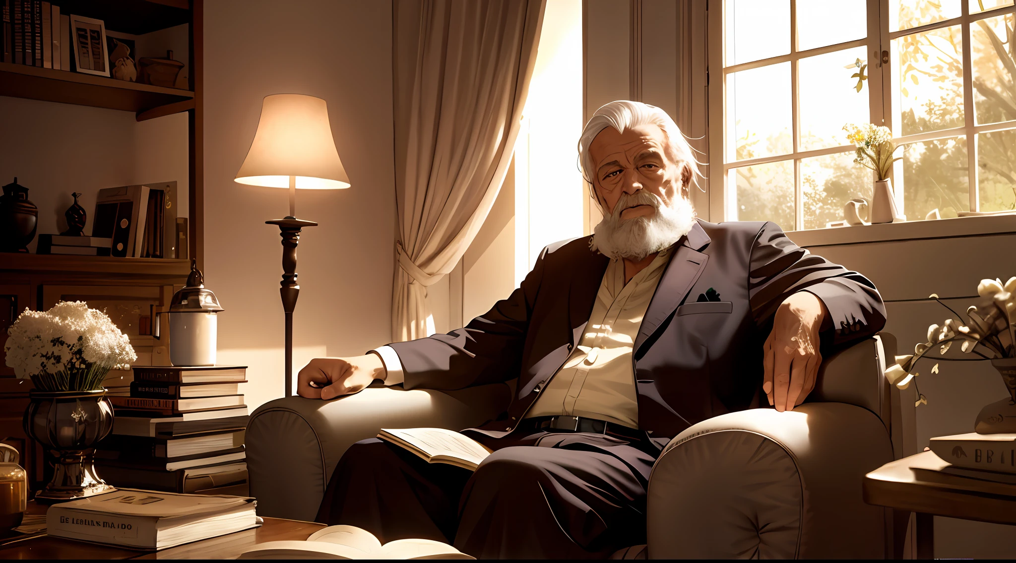 homem velho, casa velha, sitting in a comfortable armchair, livro aberto no colo, raia de luz da lua batendo no rosto, pose casual, esthetic, intrincada, caustic, raios de luz, luz da lua