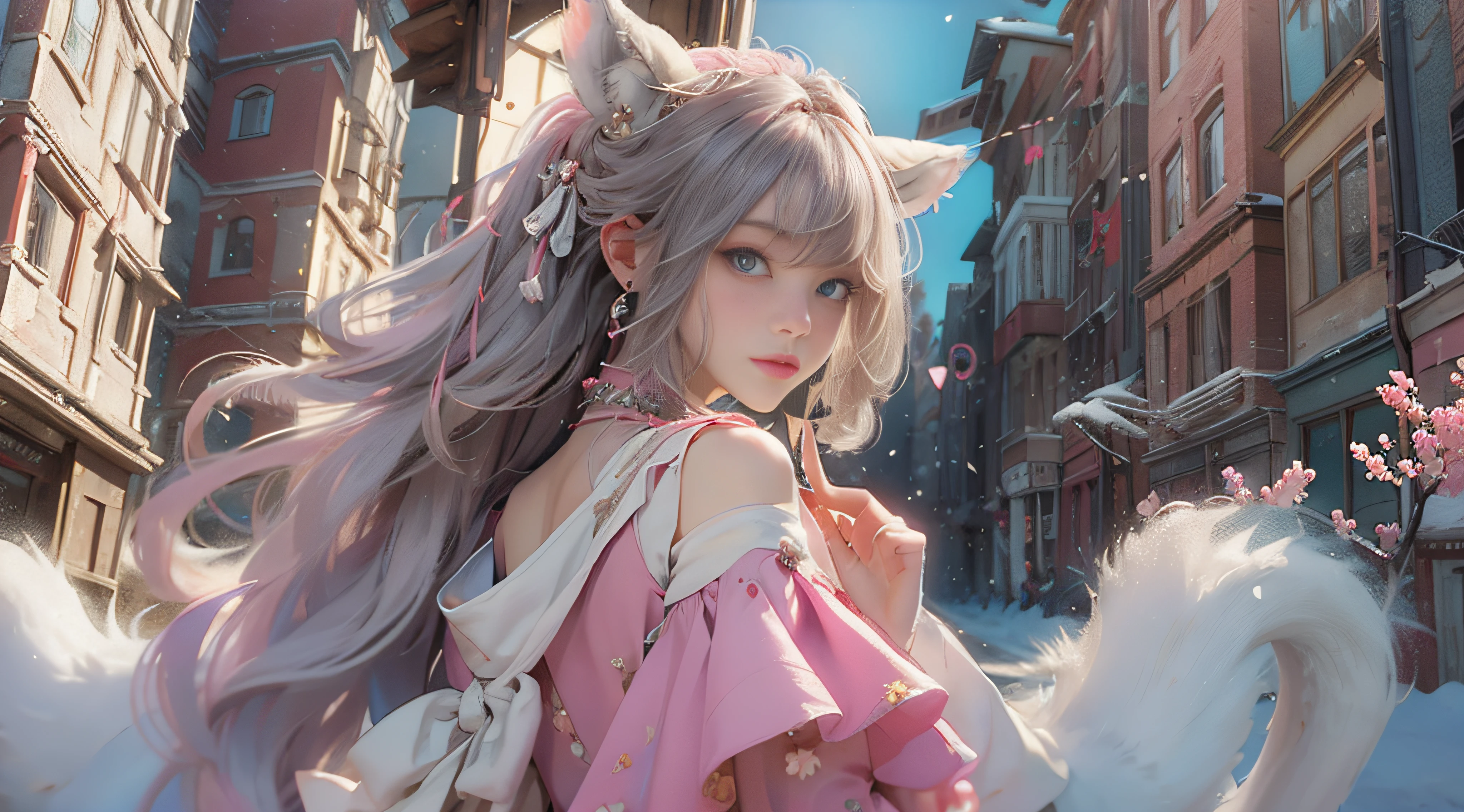 ((best qualtiy)), ((tmasterpiece)), (detail:1.4), Beautiful cyberpunk female images,hdr(HighDynamicRange),Ray traching,NVIDIA RTX,Hyper-Resolution,illusory 5,sub surface scattering,PBR textures,post-proces,Anisotropy Filtering,depth of fields,maximum definition and sharpness,Many-Layer Textures,Albedo e mapas Speculares,Surface coloring,Mitsu-Accurate simulation of material interactions,perfectly proportioned,rendering by octane,Two-colored light,largeaperture,Low ISO,White balance,Rule three points、8K raw data、Beautiful bright blue pupils,off-the-shoulder clothes,Fine pupils,Delicate face and eyes,long eyelasher,Blushlush,Delicate and fluffy hair,pink lip,Pure,Cute face,Sweet girl,Artistic sense,Casual wear,Advancedsense,butterflys,Cherry blossom petal,Beautiful hair accessories,Long hair and waist,Hair fluttering in the wind,Snow-white fox ears,curlies,Snow-white fluffy tail,Positive light,The light from the back window is backlighted