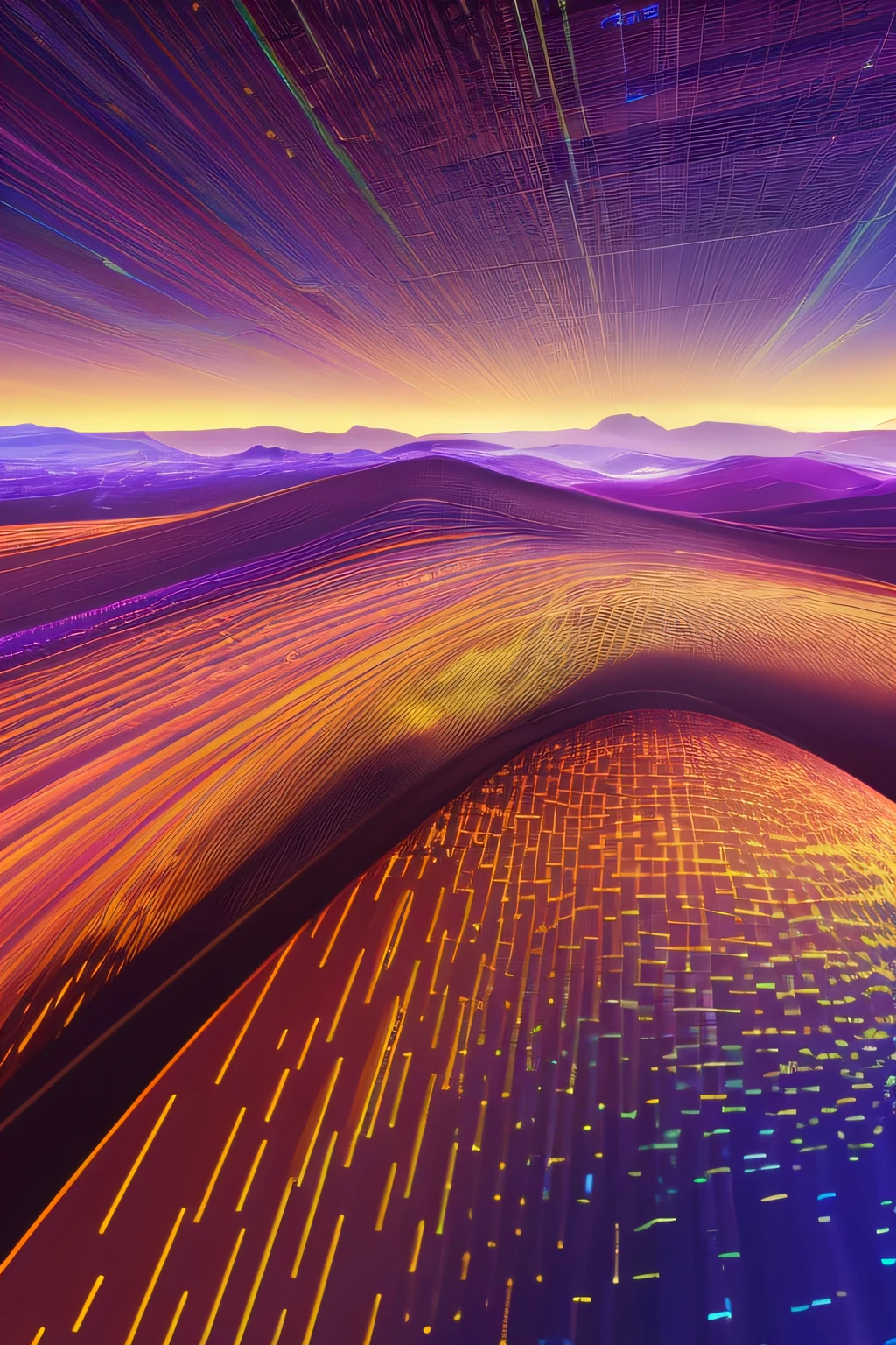 Abstract Data Landscape:Camera: DSLR with a macro lens; Lighting: Soft, indirect; Color Depth: Vibrant colors with yellow and electric purples."Visualize a vast digital terrain, with flowing data rivers and rolling hills made of binary codes. In the distance, holographic charts and graphs rise like skyscrapers, illustrating the pulse and rhythm of enterprise data.