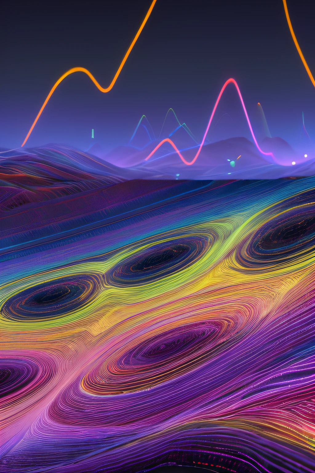 Abstract Data Landscape:Camera: DSLR with a macro lens; Lighting: Soft, indirect; Color Depth: Vibrant colors with yellow and electric purples."Visualize a vast digital terrain, with flowing data rivers and rolling hills made of binary codes. In the distance, holographic charts and graphs rise like skyscrapers, illustrating the pulse and rhythm of enterprise data.