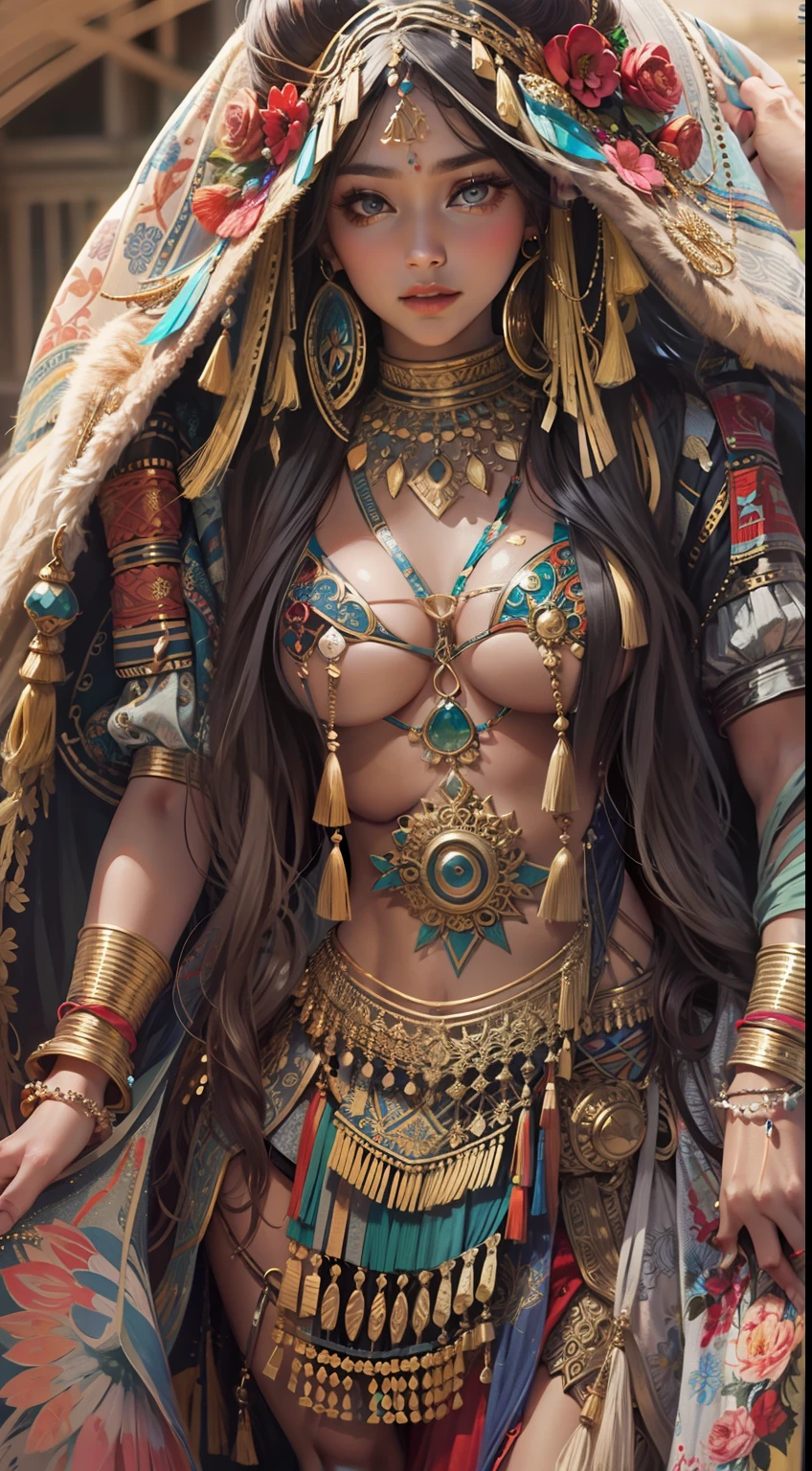 Beautiful woman in intricate Tribal Boho Outfit