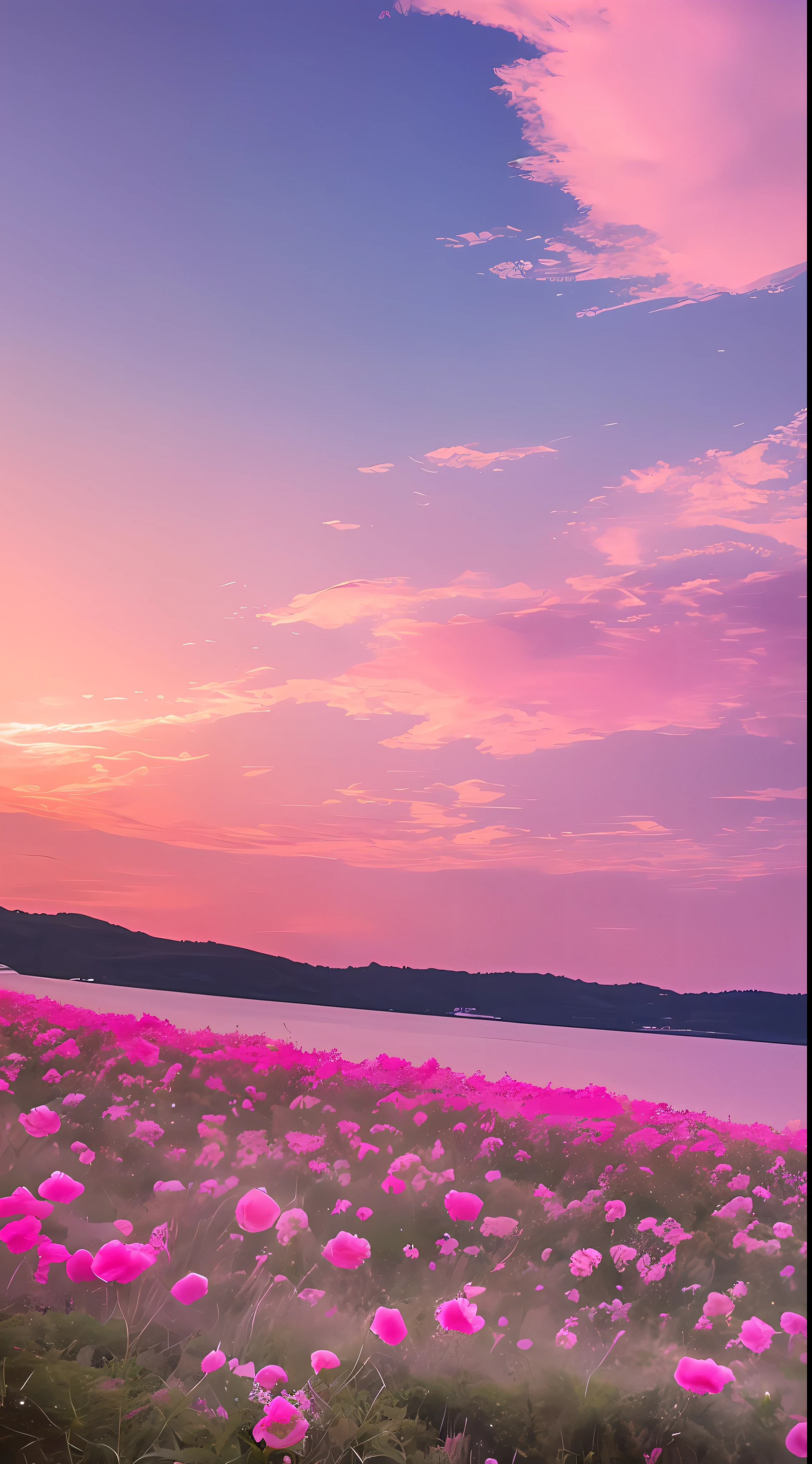 Pink sky, soft pink clouds, pink waves sparkling, sparkling, pink roses on pink sea, fantasy, diamonds, crowns, universe, soft lights,