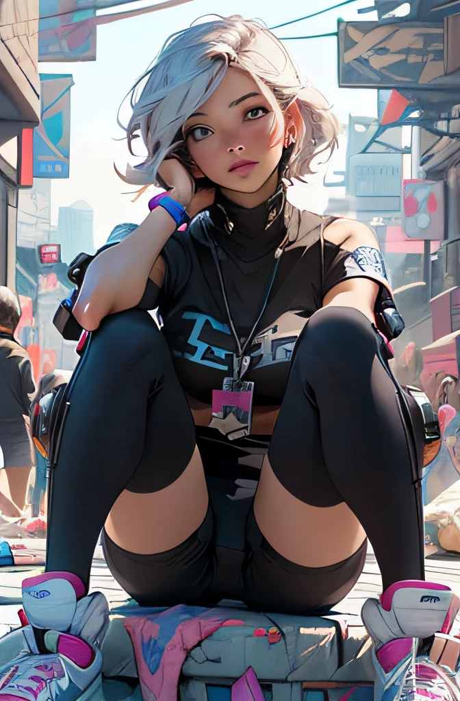 (cyberpunk:1.3) , Stylish woman looking at camera, black pants, black t-shirt, melancholic lighting, quiet, calm, brightness, masterpiece, best quality, 1girl, (JinxLol:1.2), (ultra photorealistic:1.3), (masterpiece:1.4), best quality, ((realistic)), high quality, ultra detailed, ((real image)), ((realistic skin)), ((realistic face)),(illustration:1.05), (beautiful:1.05), (beautiful detailed eyes:1.05), (cinematic light:1.1), blue on the detachments, perfect whole body, slender silhouette, slim, small breasts, thick thighs, black and blue clothing, white sneakers