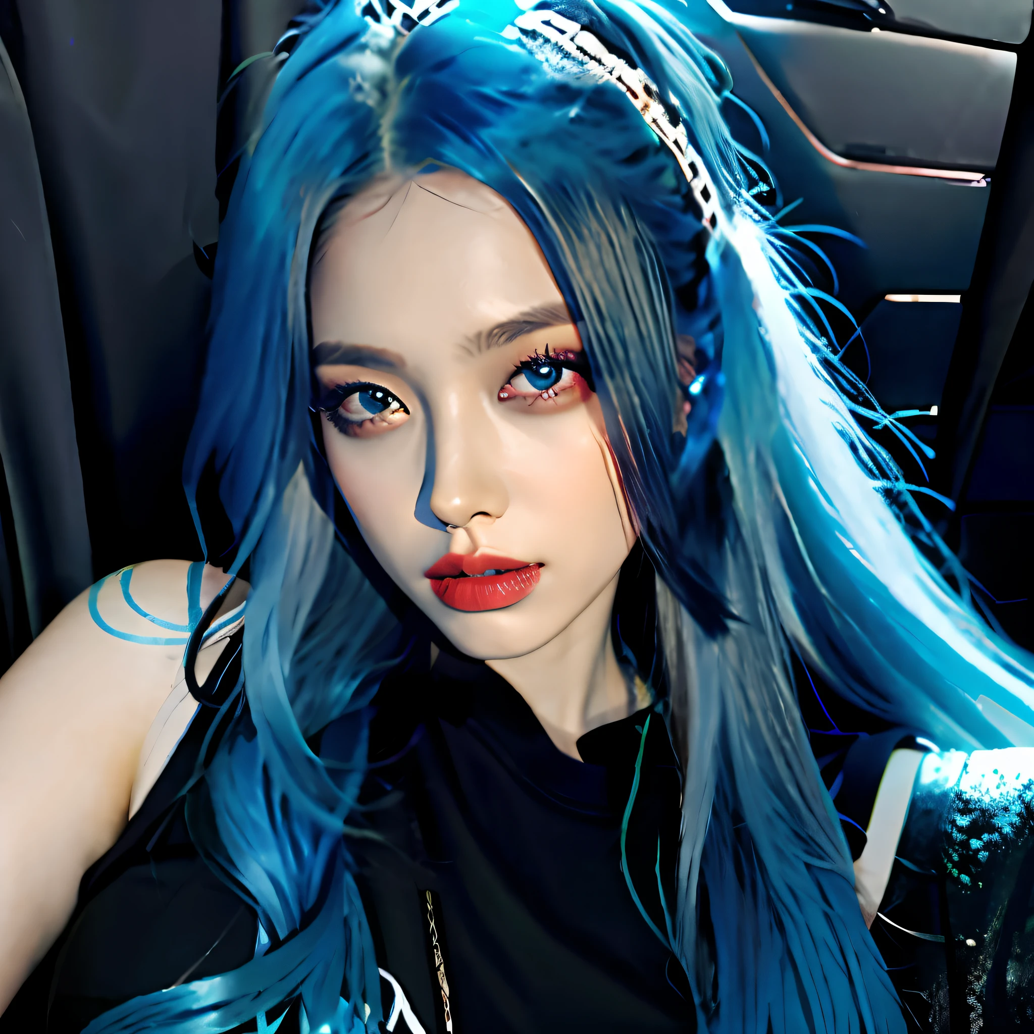 Arad woman，Blue hair，A crown is worn in the car, Alice X. zhang, portrait of jossi of blackpink, kda, IG model | Art germ, [ 4 K digital art ]!!, with blue hair, Rossdraws digital painting, korean artist, Long cyan hair, portrait jisoo blackpink, Azure. Flowing hair, Rosla 1. 0