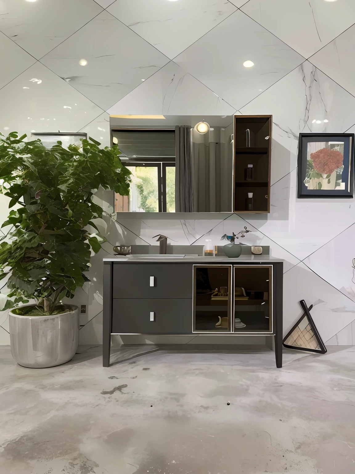 There is a plant in a pot in the bathroom with mirror, high-quality picture, cabinet furniture, retro look, most popular, designer, vintage - w 1 0 2 4, vanara, author:Hamilton Sloan, high detal, vanity, Vignette, 2 0 2 0, 2020, instagram post, exclusive, Minimalist, Actress, acrylic pour