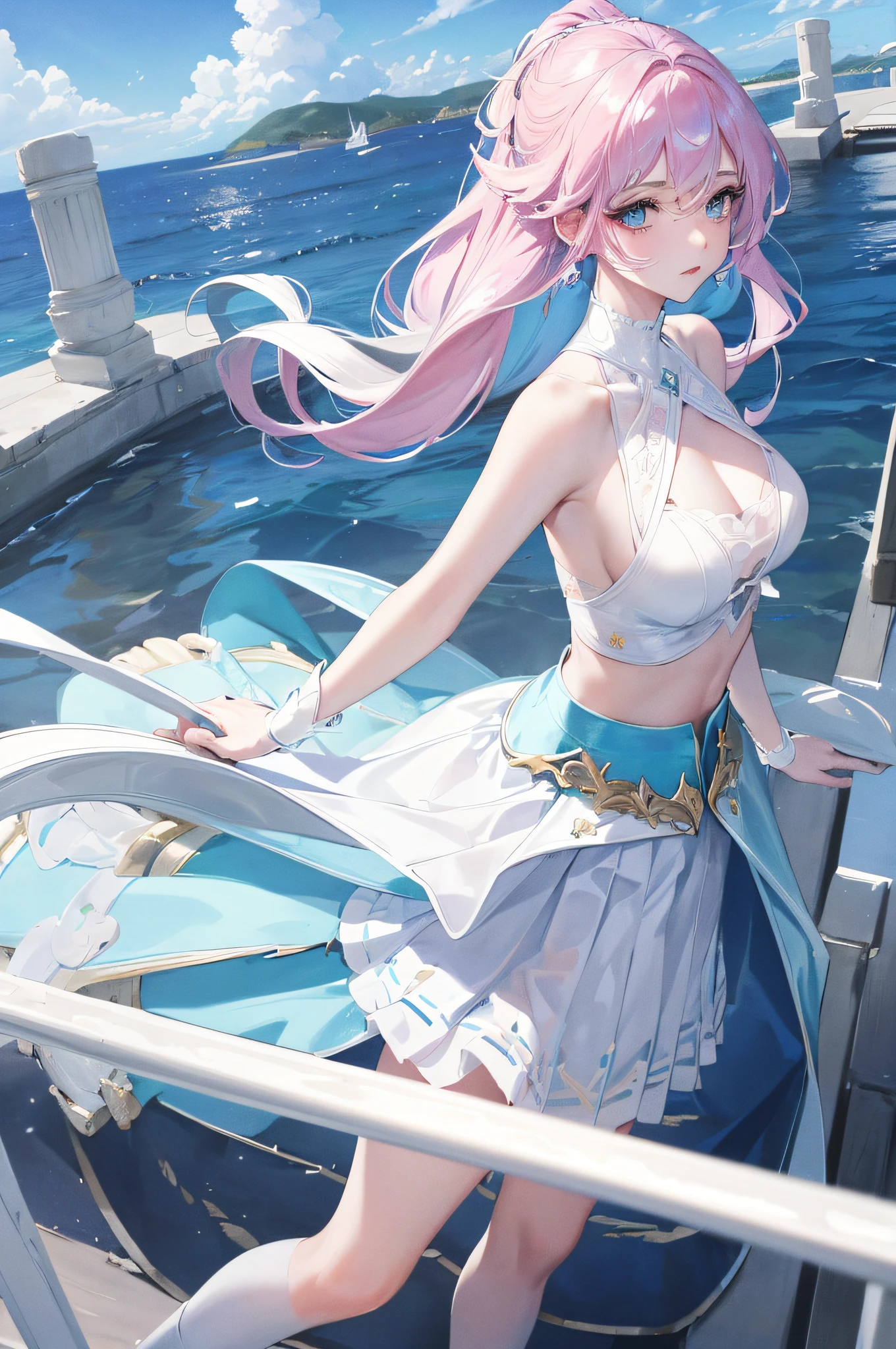Official fine art,tmasterpiece,Sharp focus,Delicate and beautiful hair and eyes and face,realisticlying,ultra - detailed,a beauty girl,blue-sky,Glowing white particles,(sidelighting:1.2),rays of sunshine,baiyun,Detailed clouds,Slender,Visible giant breasts and buttocks,scenecy,Long straight hair, sexy facial expression, Delicate platinum-pink hair, glow blue eyes, (blue pleated shirt+white skirt), long white socks, paleskin, long leges,hair adornments, epic landscapes,