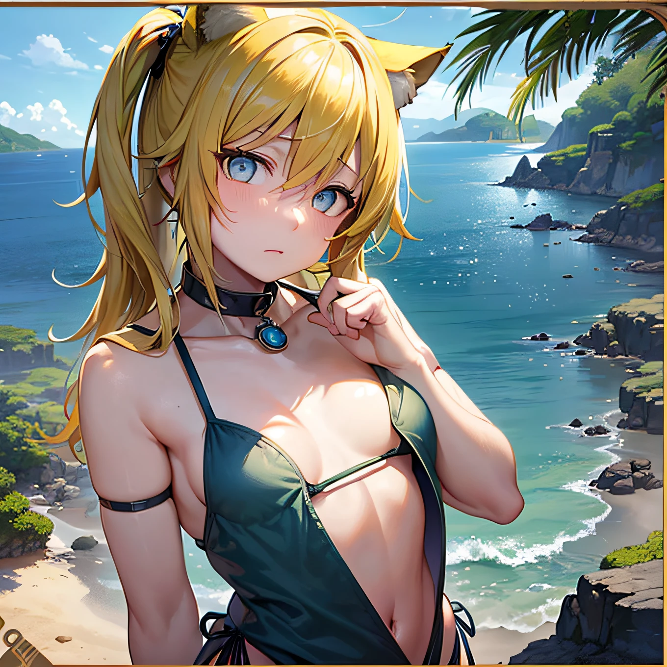 Movie angle、depth of fields、(Look at viewers)、(Right foreground:1)、(Standing photo:1)、)、 Cat Ears Girl, (独奏),(Yellow head hair),(de pele branca:1), (Curvaceous:1.2), (wide hips:1.1), Cat-eared girl, (Beautiful coastal background)、(Coast background:1.4)、(Coast background:1.4)、(bare shoulders、Yellow Micro Bikini)、(Yellow T-back panties:1.2)、sharp claws、Detailed corners、Green Choker、 (poneyTail、hairs between eyes)、(Yellow hair)、Blue eyes)、(flat breast:1.2)、 deadpan、Stunned、sleepy、 wakame、wakame、wakame、wakame、wakame、wakame、wakame、