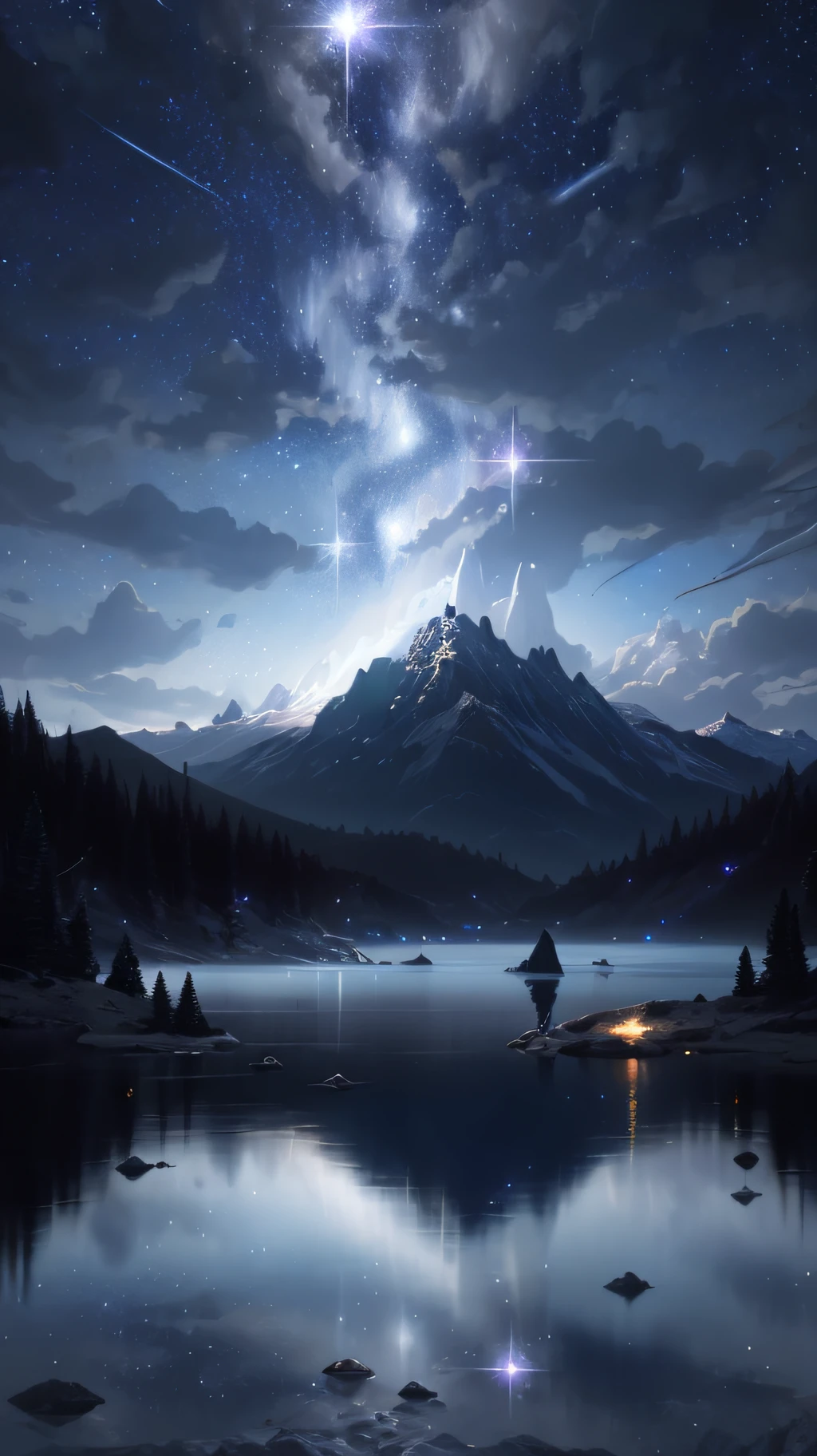 starry night scene with a lake and mountain in the background, 8k stunning artwork, inspired by Christopher Balaskas, by Christopher Balaskas, 4k highly detailed digital art, jessica rossier fantasy art, beautiful art uhd 4 k, dan mumford and albert bierstadt, 8k resolution concept art, ryan dyar, impressive fantasy landscape