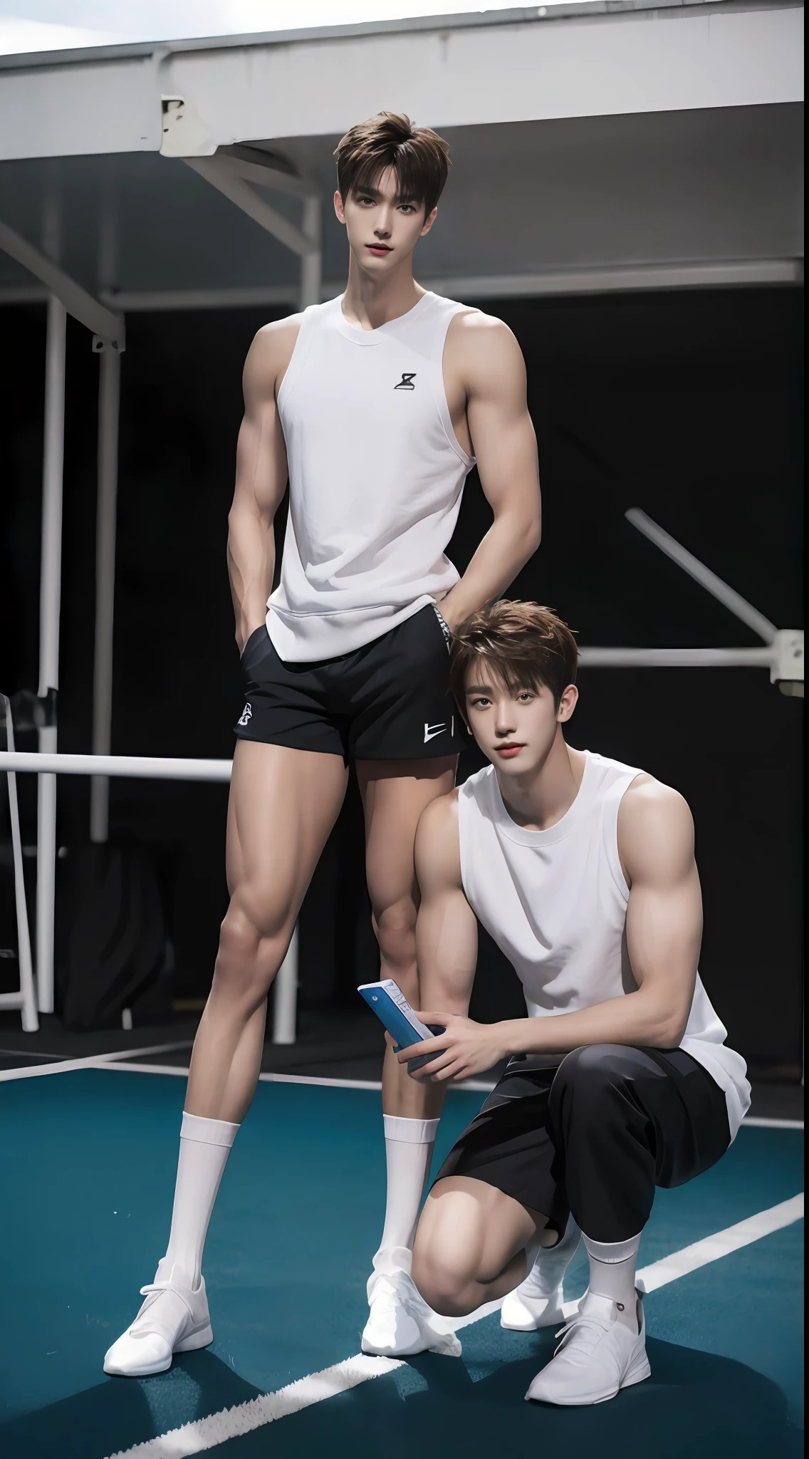 (A lovely Shota:3),(Colored screen:1.2),Solo,(full bodyesbian:3),(Stay away from the lens:3),(Expose your legs and feet:3),(revealing the whole body:5),(Heads-up view:1.2),malefocus,looking at viewert, old,(Tall:4),(Tall guy:2),Super tall,(Height 300 cm:2),Excellent body proportions,(The shoulders are 5 times wider:1.2),(Slender slender legs:2.5),Slender feet,Normal extremities,(Small head),musculous,(Lovely and pretty:2),(The face of an anime man),Fair skin,(Very detailed beautiful face and eyes:2),(Big bright eyes:1.2),Sharp eyeliner,Clear and beautiful face,short detailed hair,(Correct facial features),(tilts your head:1.5),(having fun,grinning smile),(White men's sweatshirt:2),Boxer panties,white legwear,(Muscle firming:2),Strong,Super strong,Developed biceps,(Wide shoulders and narrow waist:2.2),Sports men's socks,Detailed muscle texture,Highlights muscle structure,On the sports field,(kneels on the ground:4),(full length shoot),Full leg view,ultra-realistic realism, (Photorealistic detail), Incredible accuracy, lifelike textures, masterful technique, Jaw-dropping precision, artistic dedication,(anatomy correct),Good lighting,exquisite detailing,Best quality,stunning masterpiece,CG