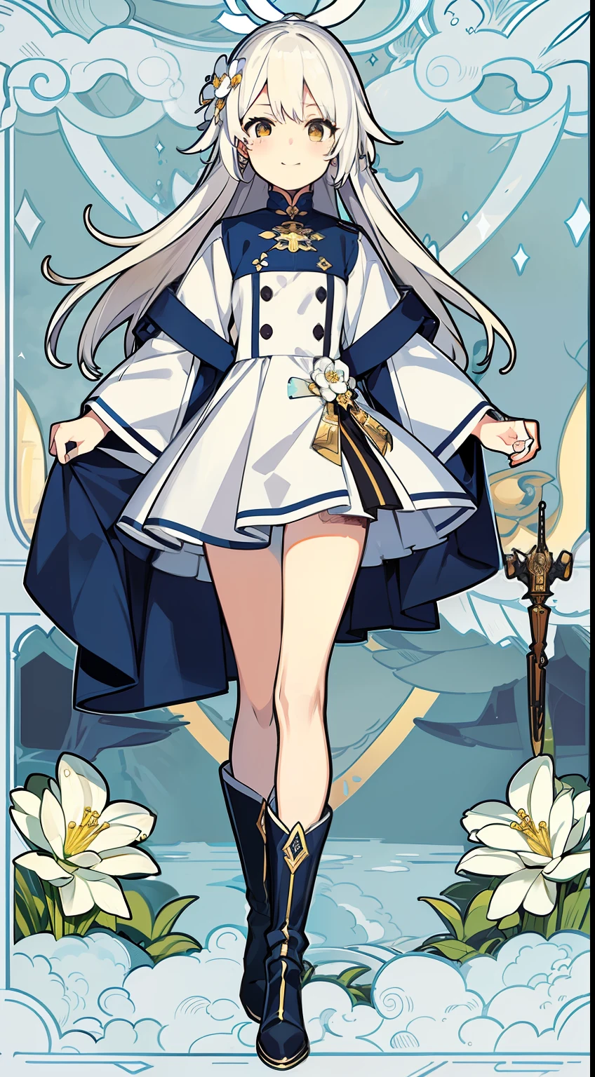 tmasterpiece,Best quality,1girl,独奏,Light smile,sliver long hair,flowy,mont,lake,grassy fields,small flower,in a panoramic view,Cream yellow miniskirt,kneehigh,boots,Long slender legs,(Best quality,Extreme detail,清晰的线条:1.5),