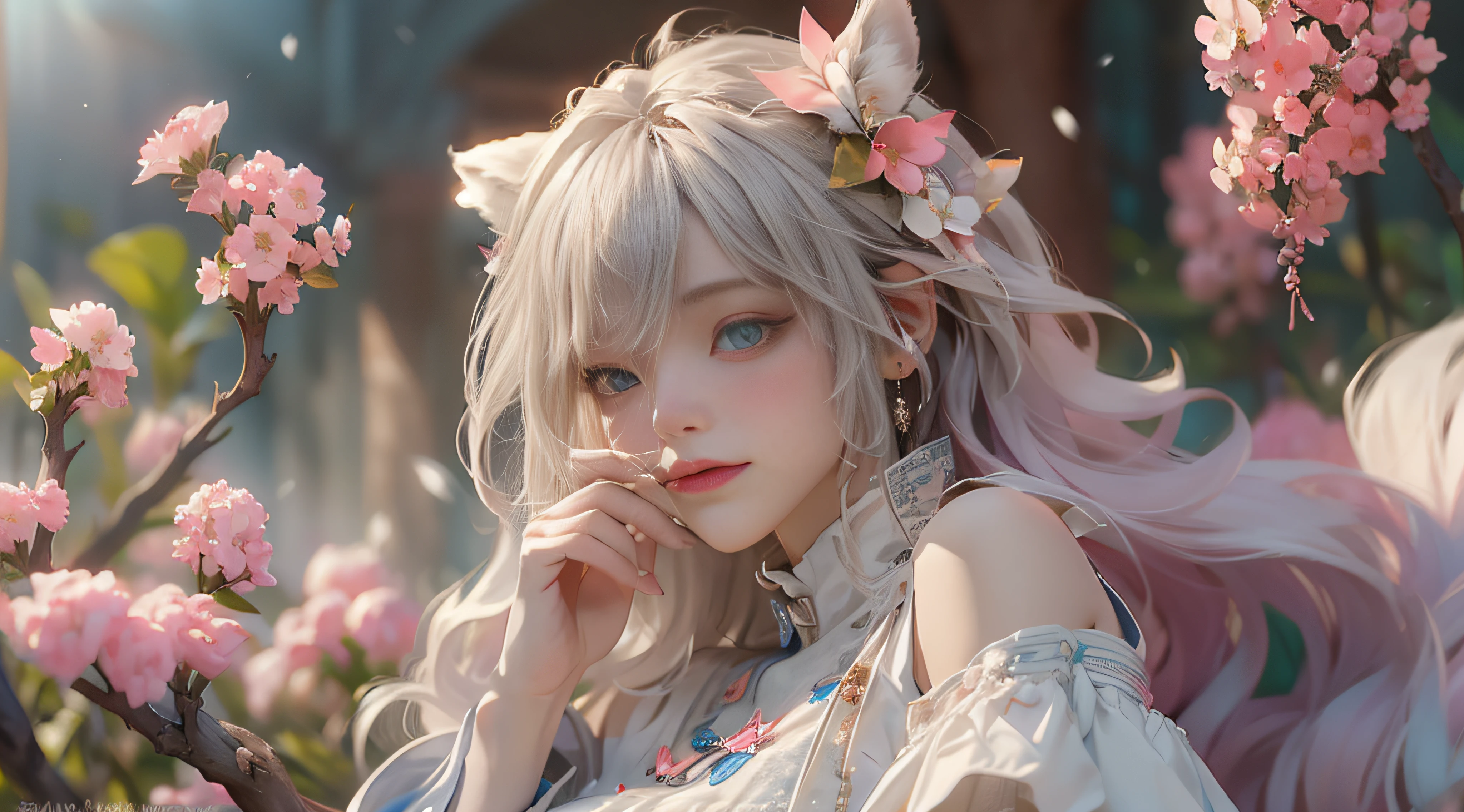 （（best qualtiy））， （（tmasterpiece））， （detail：1.4）， Beautiful cyberpunk female images，hdr（HighDynamicRange），Ray traching，NVIDIA RTX，Hyper-Resolution，illusory 5，sub surface scattering，PBR textures，post-proces，Anisotropy Filtering，depth of fields，maximum definition and sharpness，Many-Layer Textures，Albedo e mapas Speculares，Surface coloring，Mitsu-Accurate simulation of material interactions，perfectly proportioned，rendering by octane，Two-colored light，largeaperture，Low ISO，White balance，Rule three points、8K raw data、Beautiful bright blue pupils，off-the-shoulder clothes，Fine pupils，Delicate face and eyes，long eyelasher，Blushlush，Delicate and fluffy hair，pink lip，Pure，Cute face，Sweet girl，Artistic sense，Casual wear，Advancedsense，butterflys，Cherry blossom petal，Beautiful hair accessories，Long hair and waist，Hair fluttering in the wind，Snow-white fox ears，curlies，Snow-white fluffy tail，Positive light，The light from the back window is backlighted