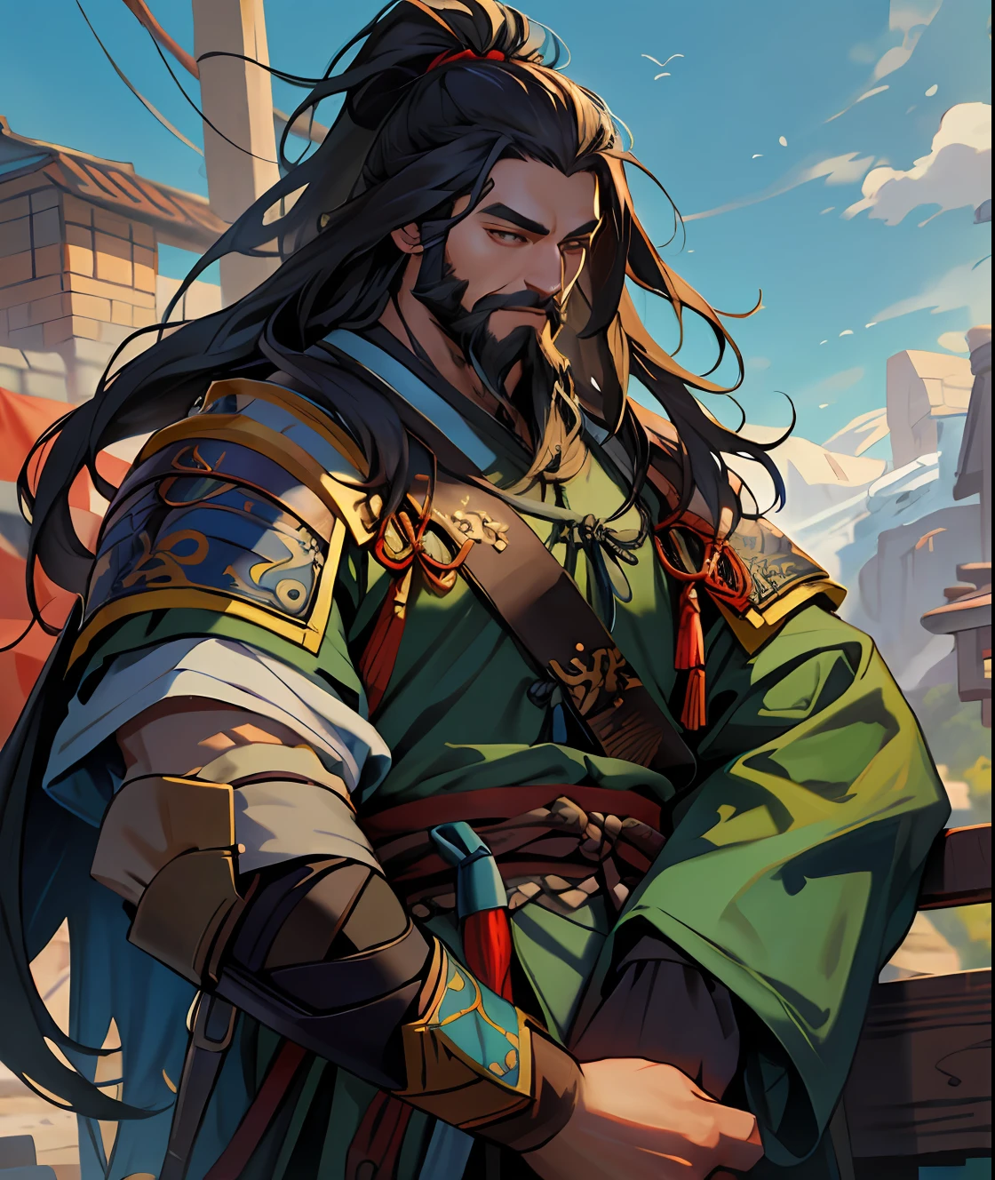 A painting of a man with long hair and a beard，Character portrait of Wang Jian artist，Artstation，dau-al-set，2D game art，offcial art，male people。