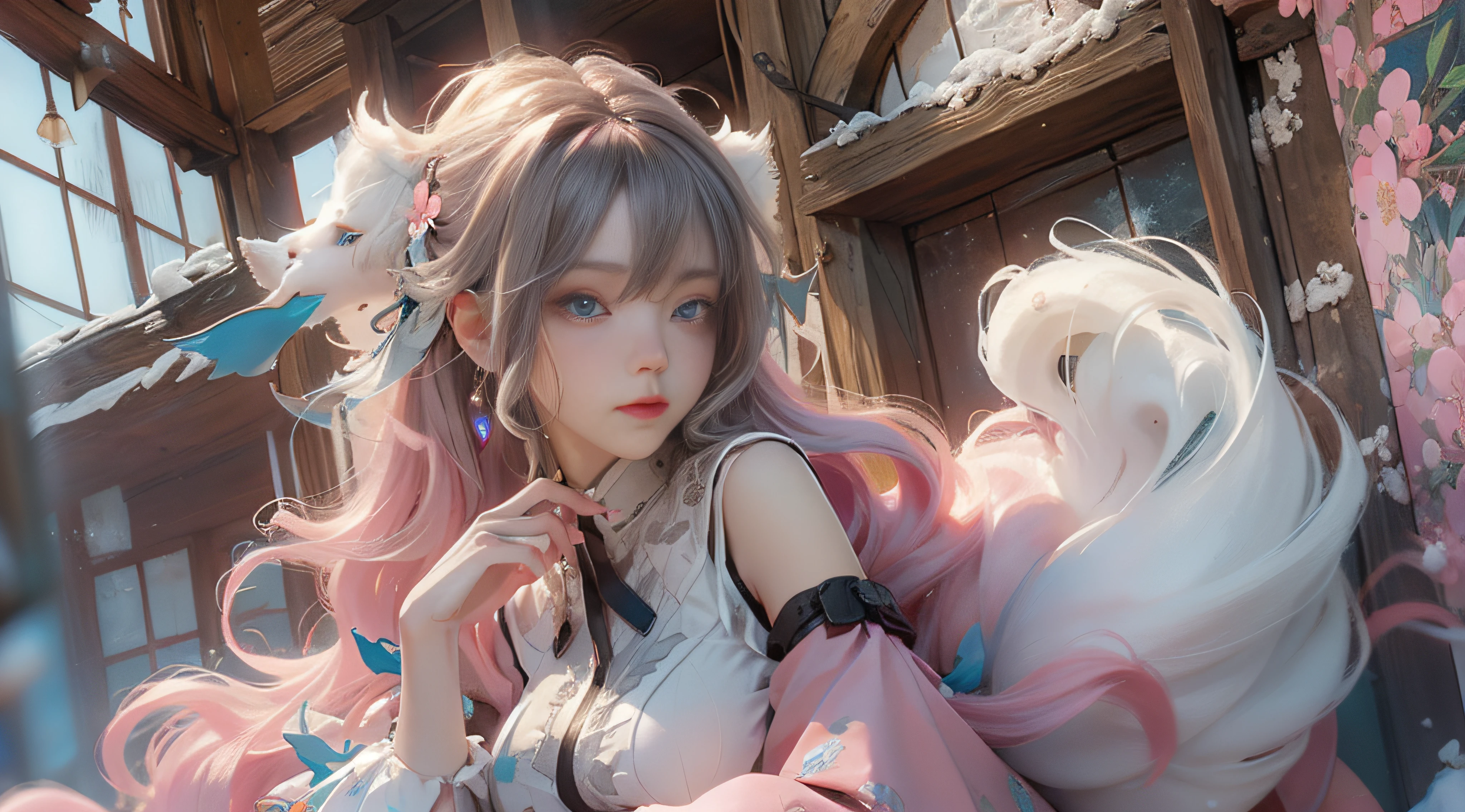 ((best qualtiy)), ((tmasterpiece)), (detail:1.4), Beautiful cyberpunk female images,hdr(HighDynamicRange),Ray traching,NVIDIA RTX,Hyper-Resolution,illusory 5,sub surface scattering,PBR textures,post-proces,Anisotropy Filtering,depth of fields,maximum definition and sharpness,Many-Layer Textures,Albedo e mapas Speculares,Surface coloring,Mitsu-Accurate simulation of material interactions,perfectly proportioned,rendering by octane,Two-colored light,largeaperture,Low ISO,White balance,Rule three points、8K raw data、Beautiful bright blue pupils,off-the-shoulder clothes,Fine pupils,Delicate face and eyes,long eyelasher,Blushlush,Delicate and fluffy hair,pink lip,Pure,Cute face,Sweet girl,Artistic sense,Casual wear,Advancedsense,butterflys,Cherry blossom petal,Beautiful hair accessories,Long hair and waist,Hair fluttering in the wind,Snow-white fox ears,curlies,Snow-white fluffy tail,Positive light,The light from the back window is backlighted