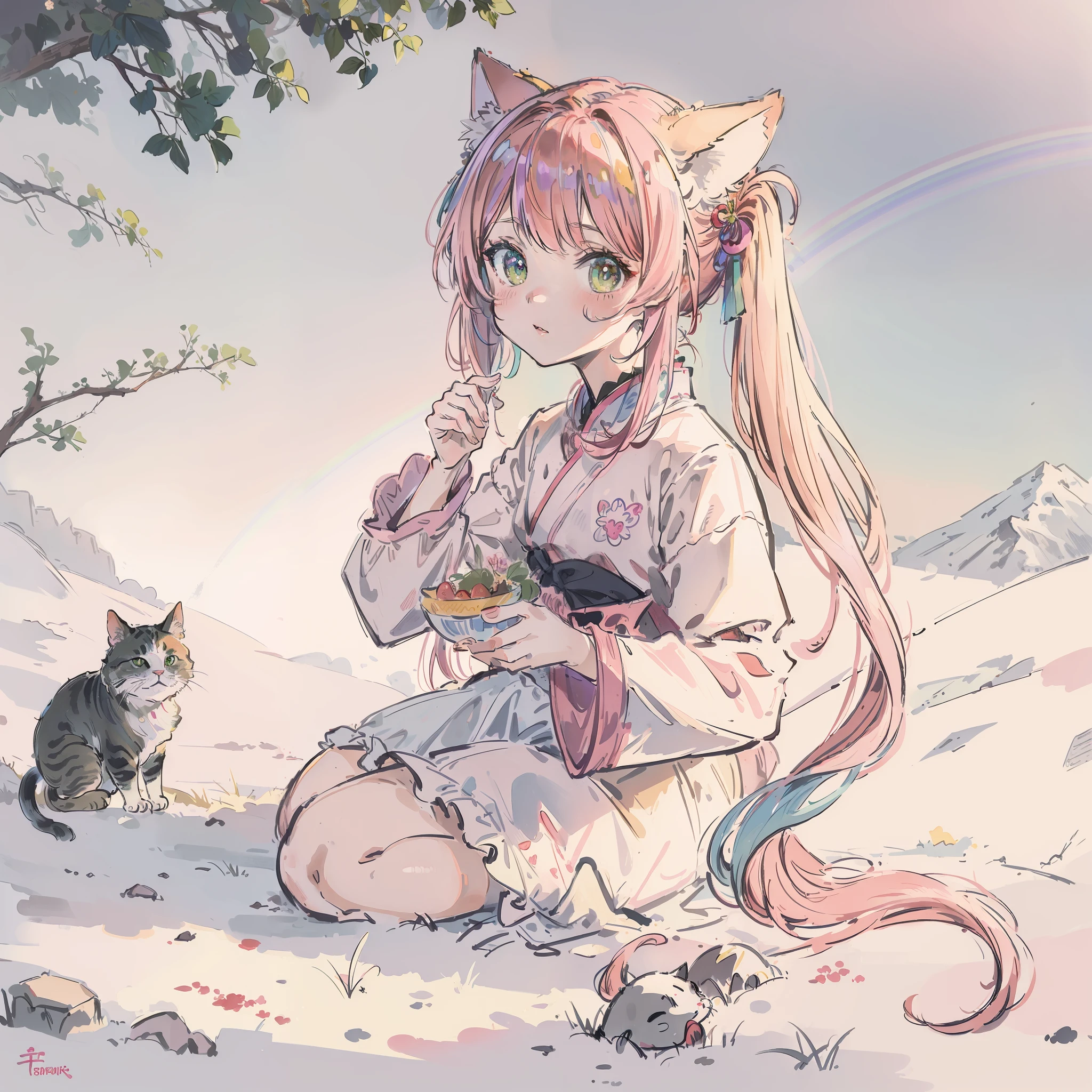 (Best quality1.2、masutepiece)、A stunning、Take a cute cat、kawaii、Pink hair(rainbow-colored hair)、(Twin-tailed)