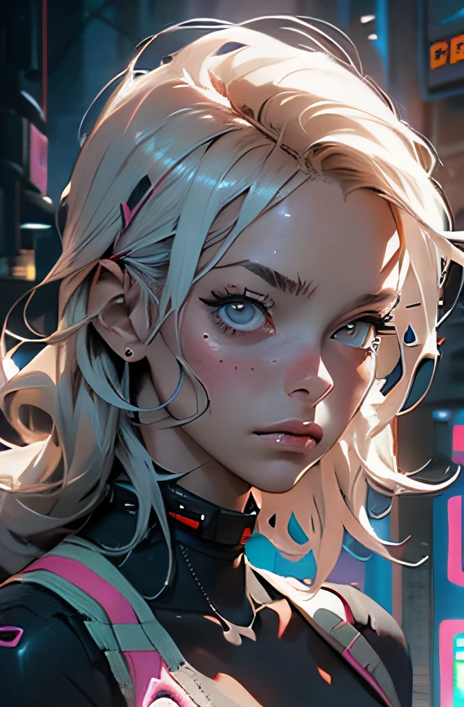 (cyberpunk:1.3) , Stylish woman looking at camera, black pants, black t-shirt, melancholic lighting, quiet, calm, brightness, masterpiece, best quality, 1girl, (JinxLol:1.2), (ultra photorealistic:1.3), (masterpiece:1.4), best quality, ((realistic)), high quality, ultra detailed, ((real image)), ((realistic skin)), ((realistic face)),(illustration:1.05), (beautiful:1.05), (beautiful detailed eyes:1.05), (cinematic light:1.1), blue on the detachments,  perfect whole body, slender silhouette, slim, small breasts, thick thighs, black and blue clothing, white sneakers