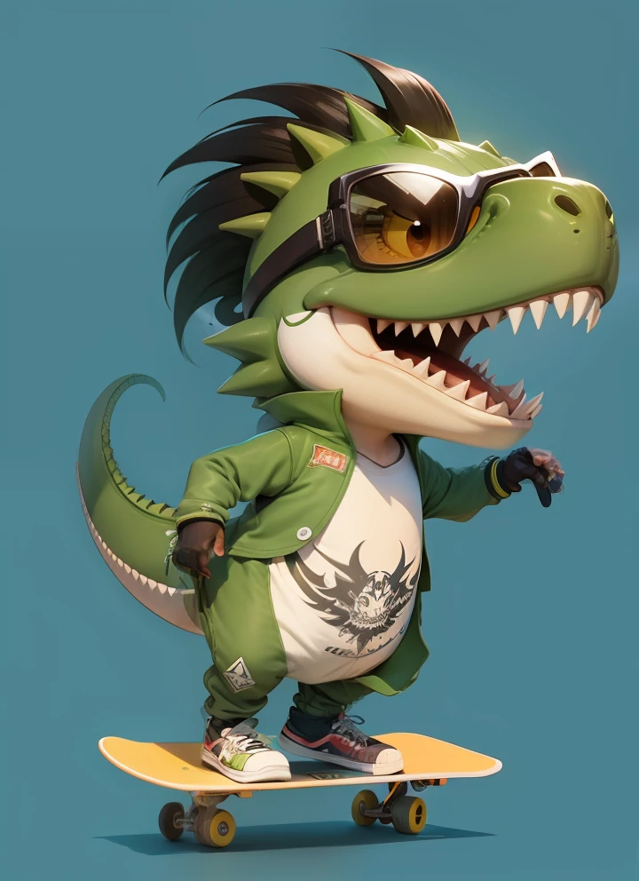Tiranossauro rex bonito no estilo chibi, street wear, Sunglass, Skate Boarding, desenho animado
