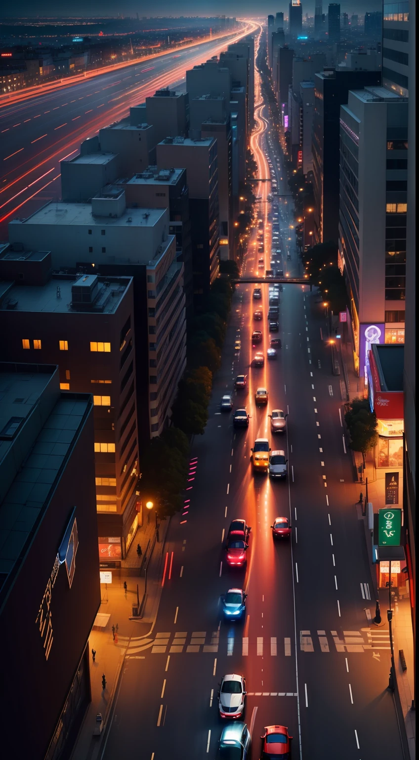 ((masterpiece)), ((best quality)), 8k, high detailed, ultra-detailed,
In the city on a nightfall, the lights of towering skyscrapers illuminate the entire skyline. Neon signs flicker, creating a vibrant display of colors. The streets below are bustling with vehicles, their headlights and taillights painting streaks of light as they navigate through the city. People weave through the busy streets, their footsteps echoing amidst the dazzling array of lights. The cityscape is a spectacle of activity and brilliance, with the interplay of lights and movement creating a mesmerizing and dynamic scene.