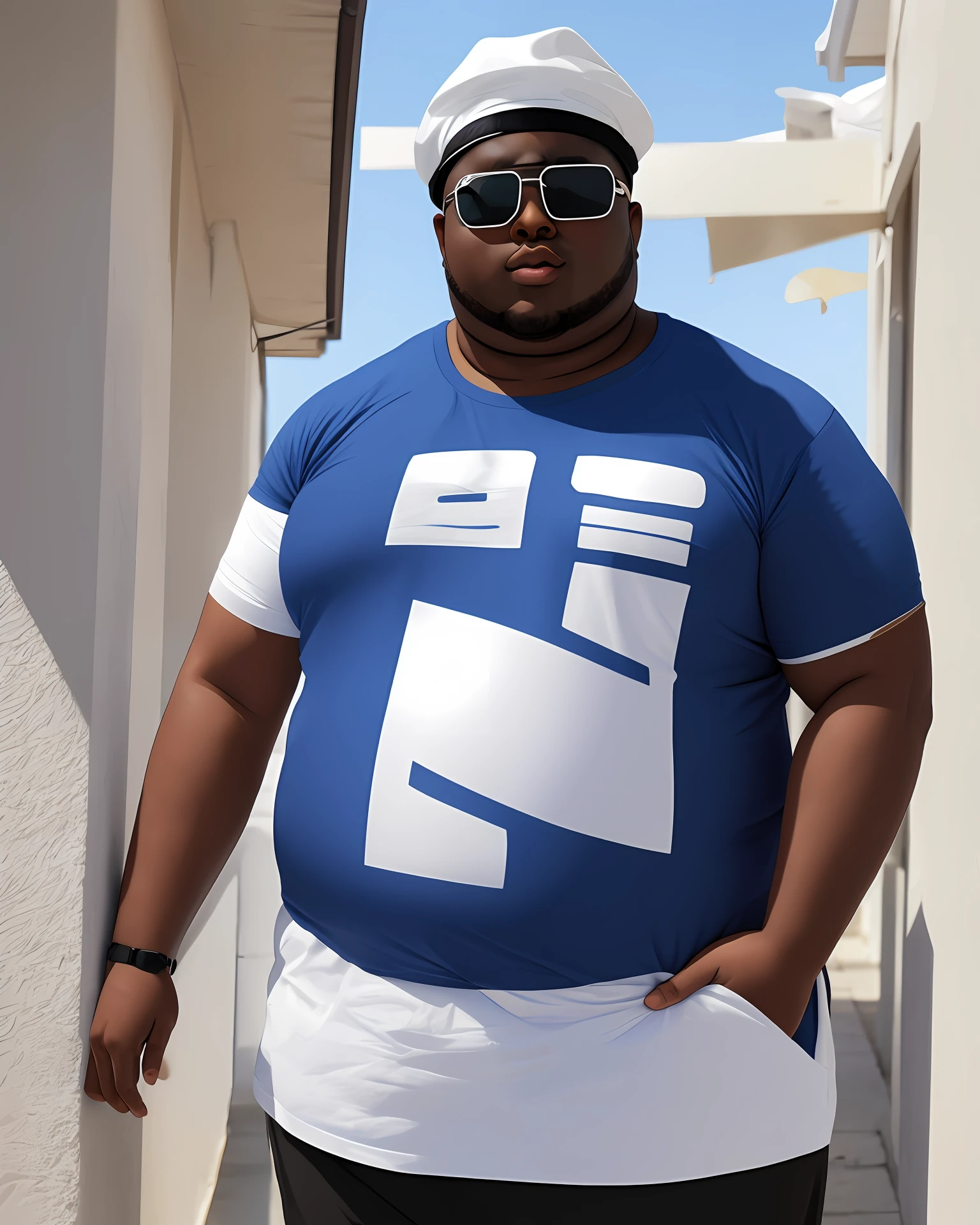 Fat black man wearing portrait of white cap looking at the camera serious facial expression sad hate blue T-shirt sunglasses