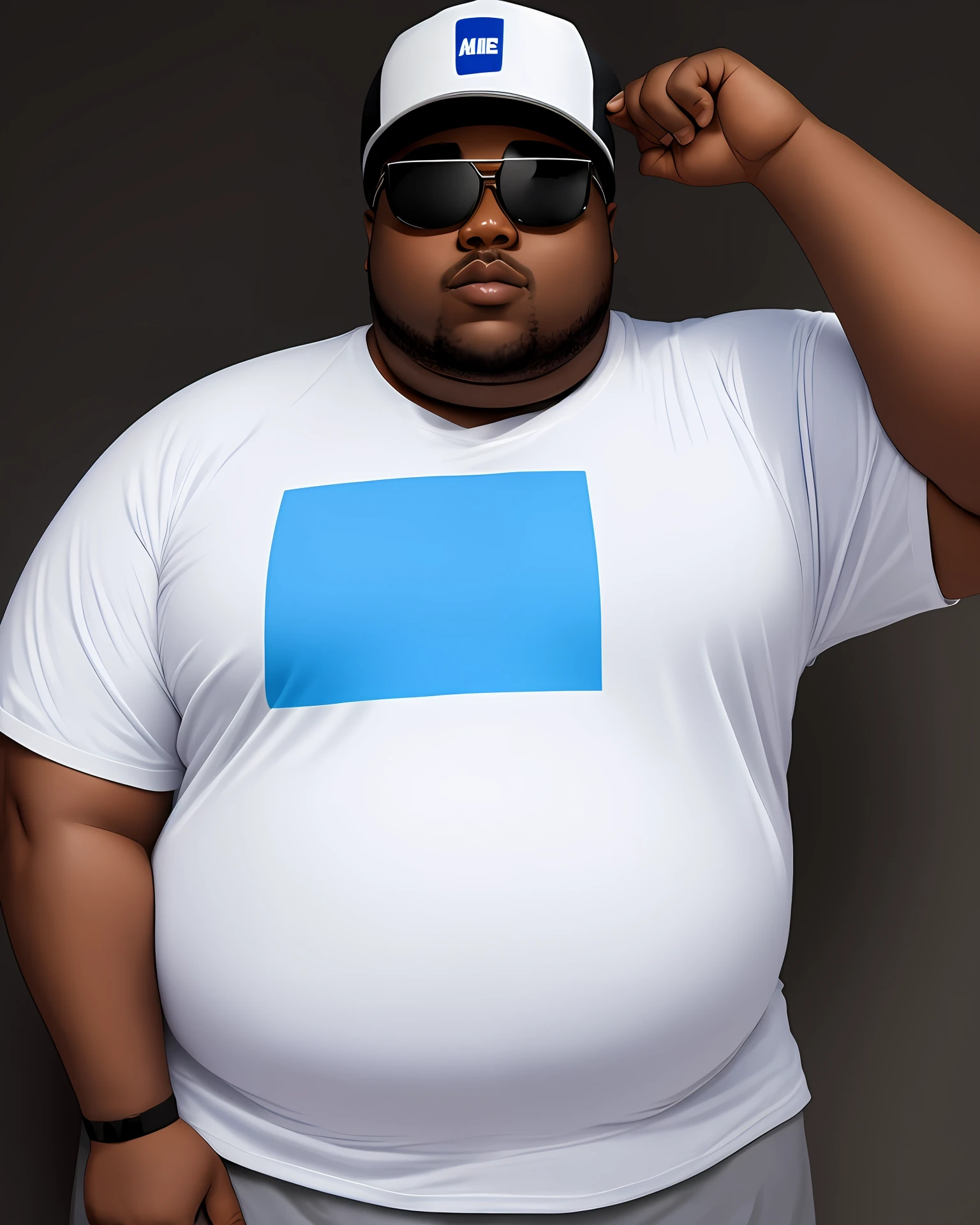 Fat black man wearing portrait of white cap looking at the camera serious facial expression sad hate blue T-shirt sunglasses