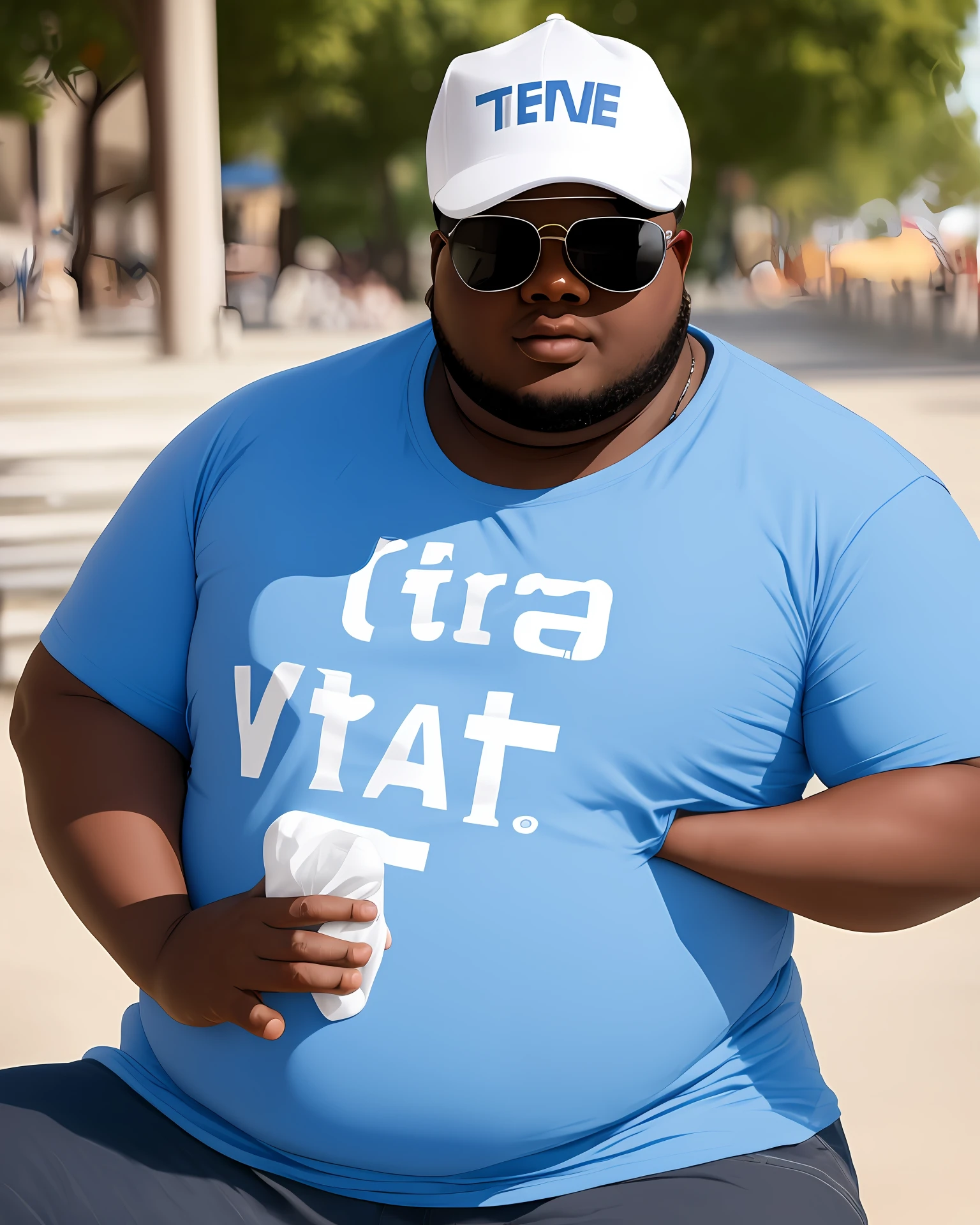 Fat black man wearing portrait of white cap looking at the camera serious facial expression sad hate blue T-shirt sunglasses