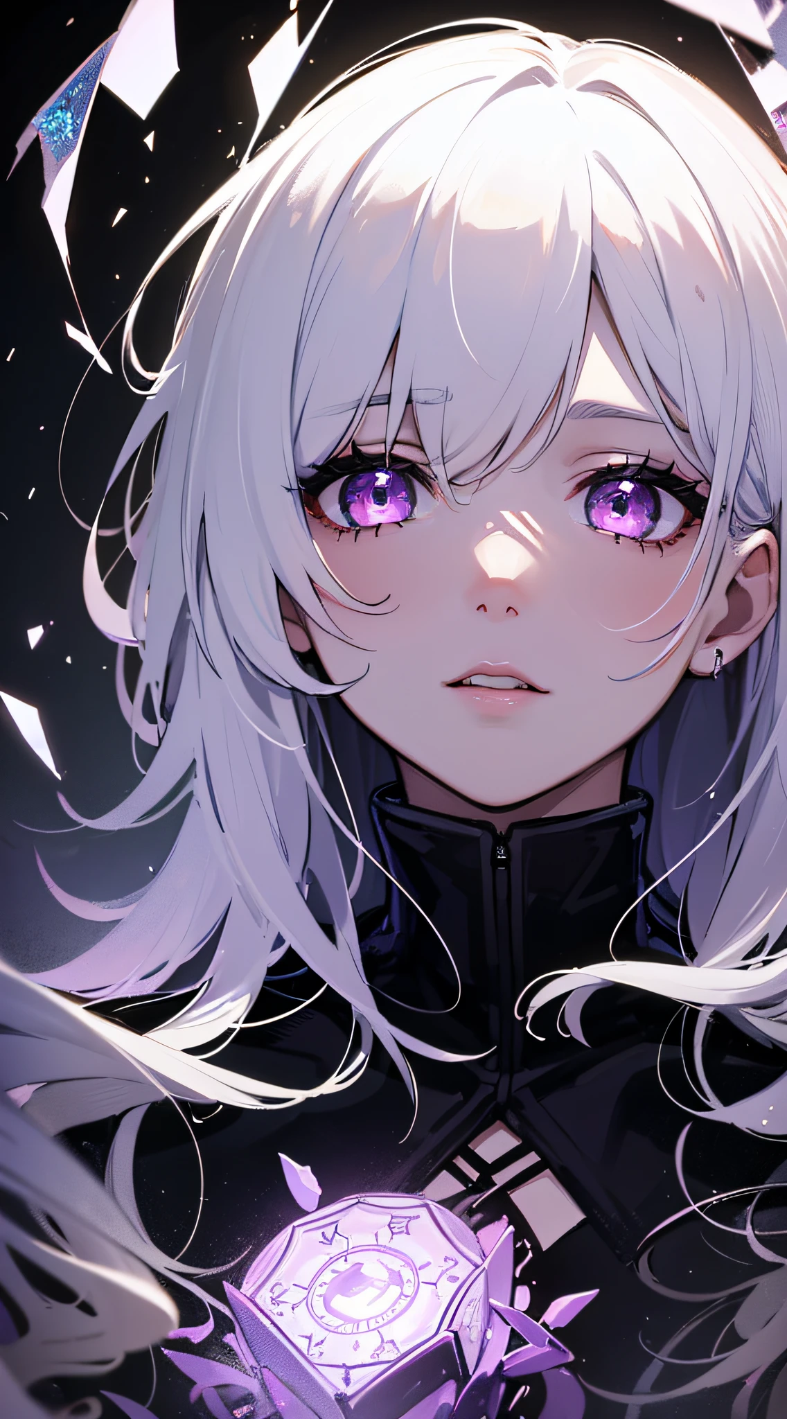 (masterpiece, best quality, ultra-detailed, best shadow), (detailed background,dark fantasy), (beautiful detailed face), high contrast, (best illumination, an extremely delicate and beautiful), ((cinematic light)), colorful, hyper detail, dramatic light, intricate details, (1girl, solo,white hair, sharp face,purple eyes, hair between eyes,dynamic angle), blood splatter, swirling black light around the character, depth of field,black light particles,(broken glass),magic circle,