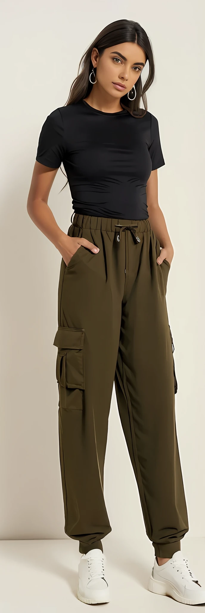 A beautiful woman in a black top and brown pants posing for a photo, brown pants, low-waisted sweatpants, baggy pants, Pants, cargo pants, com dois bolsos frontais, Khakis, so shorts, Olive green pants, with his hands in his pockets, wearing pants, Hands in pockets, Comfortable, toupeira, large pants, tiro do meio cintura para cima, roupas marrons, Directed by: Lee Jeffreis