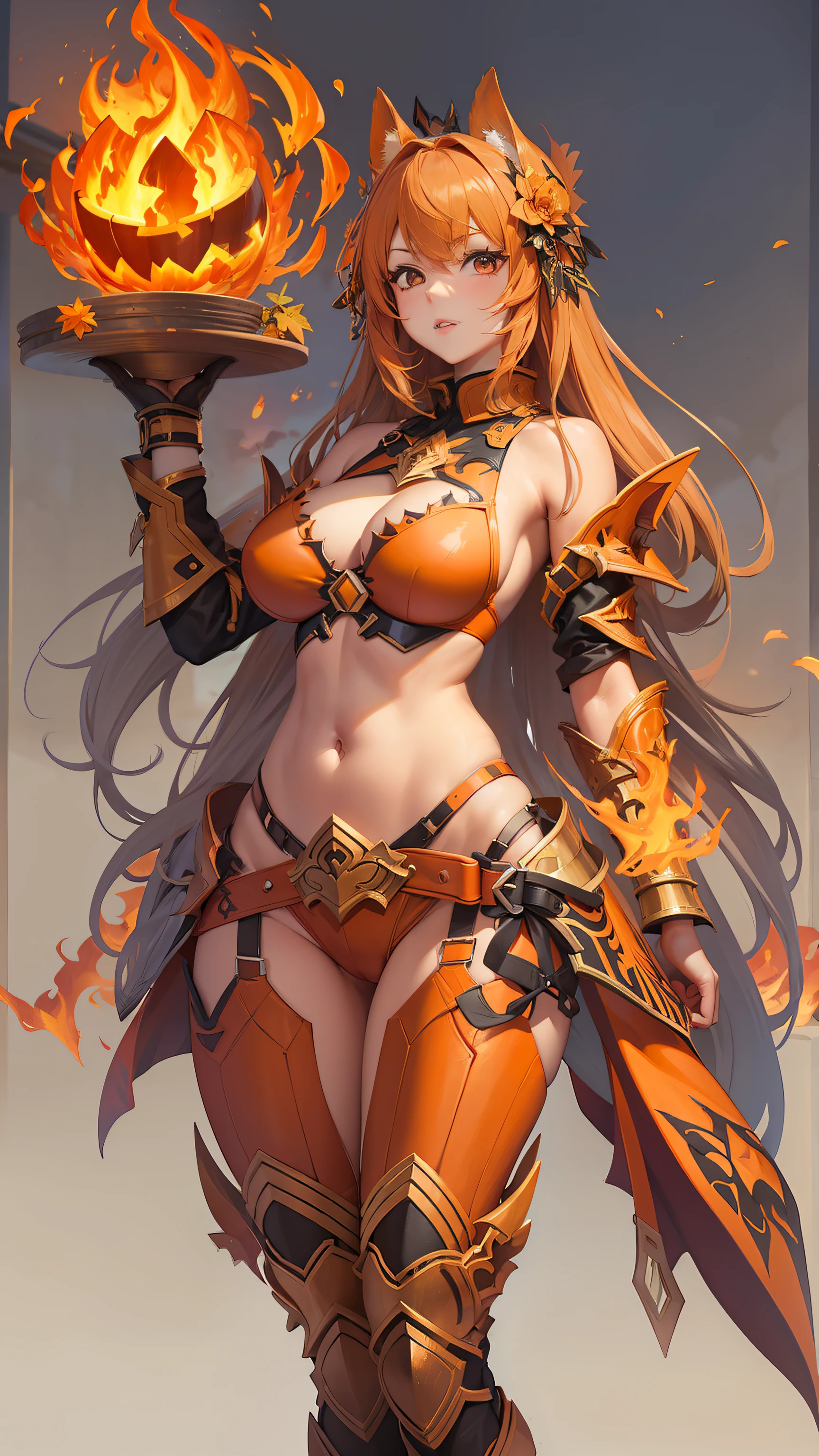Hot Sexy Girl wear Pumpkin Bikini Armor with Fire Aura, Full Body