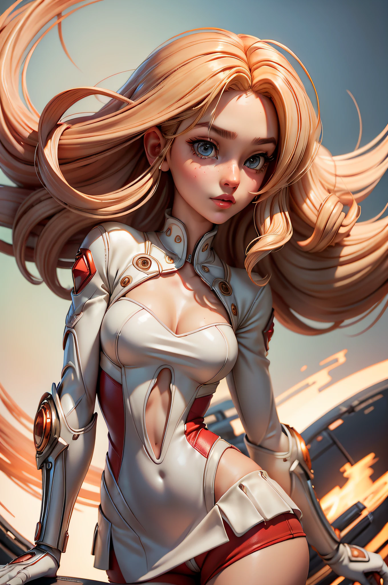 concept art, front angle of a , perfect eyes, wearing sexy short red mini skirt and tight white t-shirt, blonde hair styled as long curly hair, equirectangular 360, Highres, [(art by Willi Baumeister:1.1), (art by John T. Biggers:1.2)::17], official art, unity 8k wallpaper, ultra detailed, aesthetic, masterpiece, best quality, photorealistic