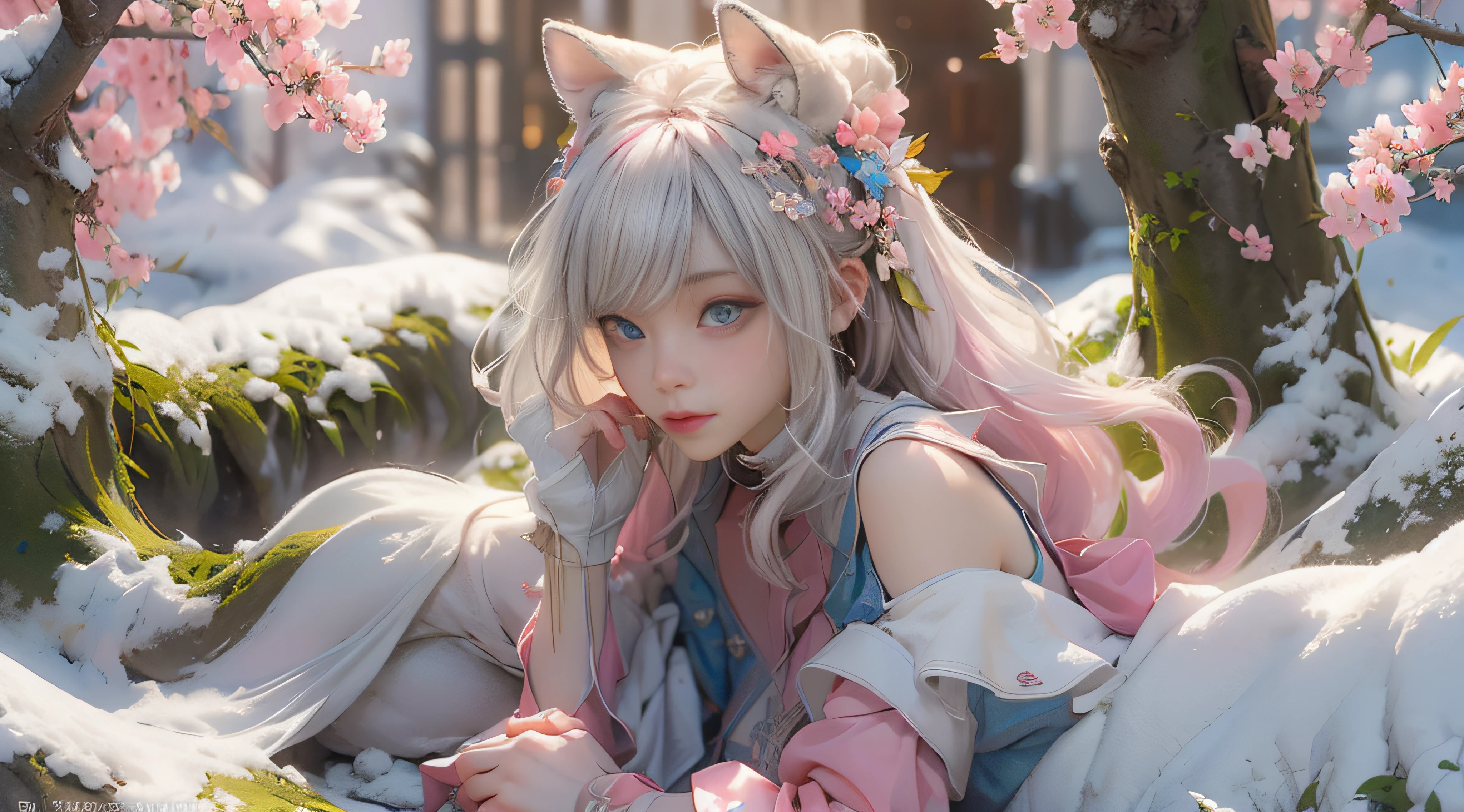 ((best qualtiy)), ((tmasterpiece)), (detail:1.4), Beautiful cyberpunk female images,hdr(HighDynamicRange),Ray traching,NVIDIA RTX,Hyper-Resolution,illusory 5,sub surface scattering,PBR textures,post-proces,Anisotropy Filtering,depth of fields,maximum definition and sharpness,Many-Layer Textures,Albedo e mapas Speculares,Surface coloring,Mitsu-Accurate simulation of material interactions,perfectly proportioned,rendering by octane,Two-colored light,largeaperture,Low ISO,White balance,Rule three points、8K raw data、Beautiful bright blue pupils,off-the-shoulder clothes,Fine pupils,Delicate face and eyes,long eyelasher,Blushlush,Delicate and fluffy hair,pink lip,Pure,Cute face,Sweet girl,Artistic sense,Casual wear,Advancedsense,butterflys,Cherry blossom petal,Beautiful hair accessories,Long hair and waist,Hair fluttering in the wind,Snow-white fox ears,curlies,Snow-white fluffy tail,Positive light,The light from the back window is backlighted