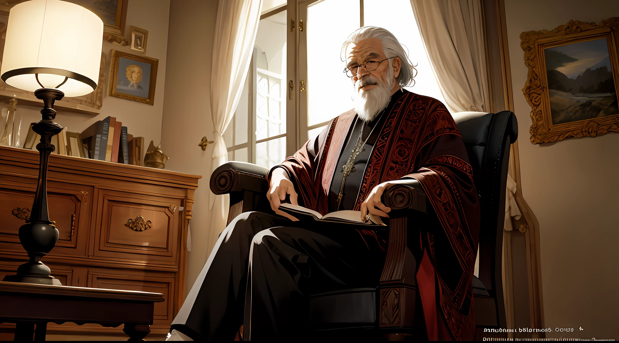 homem velho, casa velha, sitting in a comfortable armchair, livro aberto no colo, raia de luz da lua batendo no rosto, pose casual, esthetic, intrincada, caustic, raios de luz, luz da lua