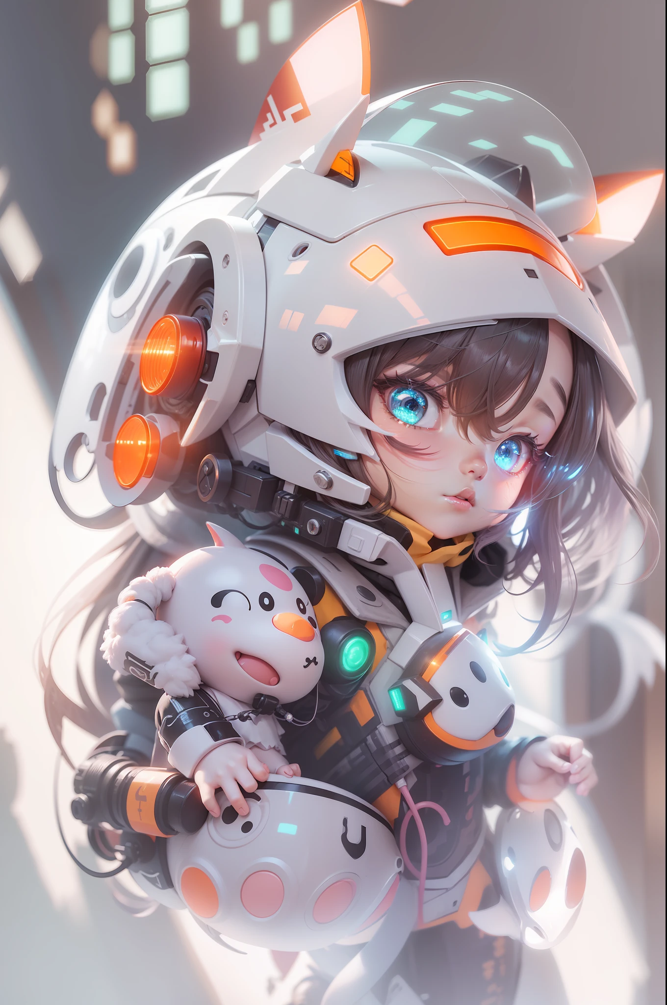 chinesedragon, (Blind box toy style:1.2), (Full body shot) , 1 Transparent cute girl,Behind him is a transparent and cute pig, Transparent mech, Exquisite helmet:1.2, Luminous goggles:1.2, Cyberpunk, dreamy glow, luminous neon lights, Clean, White background, ( Global illumination, Ray traching, hdr, unreal render,reasonable design, high detal, Masterpiece, Best quality, hyper HD, Cinematic lighting)