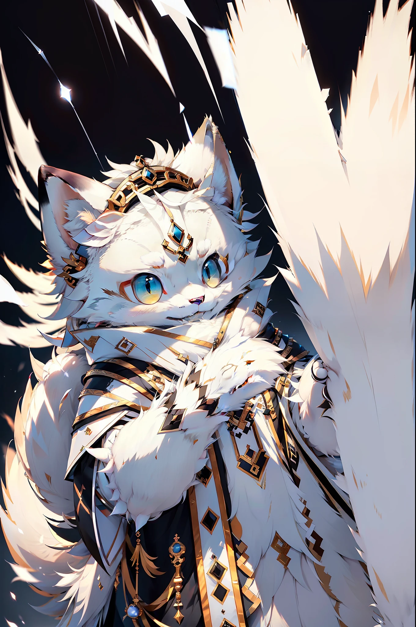 natural lightting,detailedbackground,独奏,Furry,Male arctic fox,White fur,White skin,White ears,sharp look,Golden eyes,sharp talons,Fluffy tail,White paws