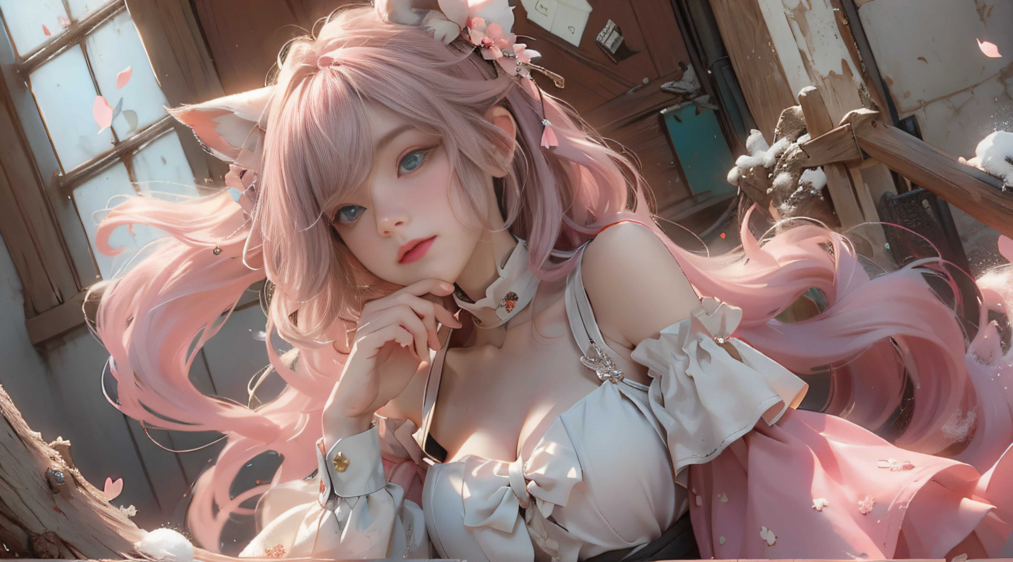 ((best qualtiy)), ((tmasterpiece)), (detail:1.4), Beautiful cyberpunk female images,hdr(HighDynamicRange),Ray traching,NVIDIA RTX,Hyper-Resolution,illusory 5,sub surface scattering,PBR textures,post-proces,Anisotropy Filtering,depth of fields,maximum definition and sharpness,Many-Layer Textures,Albedo e mapas Speculares,Surface coloring,Mitsu-Accurate simulation of material interactions,perfectly proportioned,rendering by octane,Two-colored light,largeaperture,Low ISO,White balance,Rule three points、8K raw data、Beautiful bright blue pupils,off-the-shoulder clothes,Fine pupils,Delicate face and eyes,long eyelasher,Blushlush,Delicate and fluffy hair,pink lip,Pure,Cute face,Sweet girl,Artistic sense,Casual wear,Advancedsense,butterflys,Cherry blossom petal,Beautiful hair accessories,Long hair and waist,Hair fluttering in the wind,Snow-white fox ears,curlies,Snow-white fluffy tail,Positive light,The light from the back window is backlighted