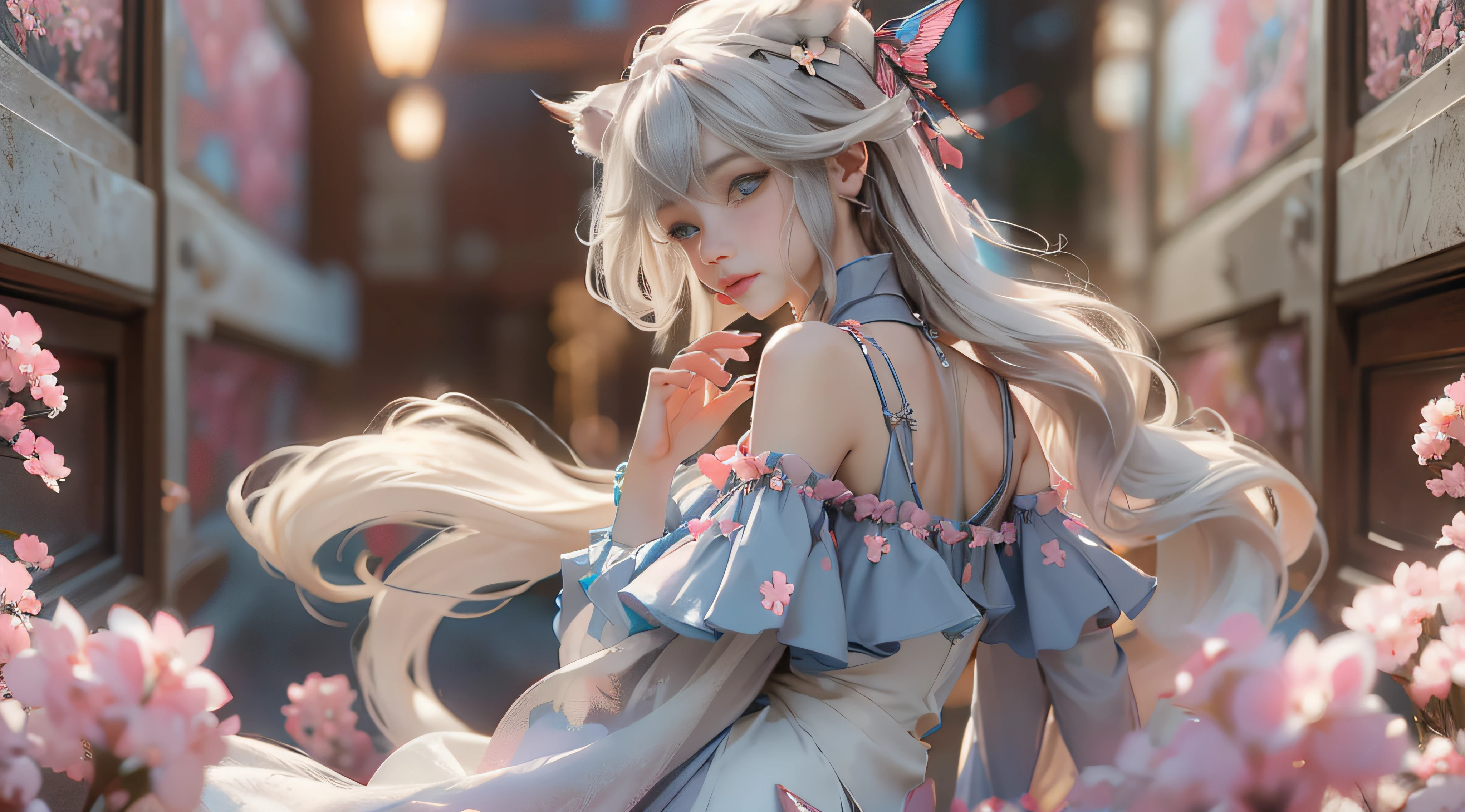 ((best qualtiy)), ((tmasterpiece)), (detail:1.4), Beautiful cyberpunk female images,hdr(HighDynamicRange),Ray traching,NVIDIA RTX,Hyper-Resolution,illusory 5,sub surface scattering,PBR textures,post-proces,Anisotropy Filtering,depth of fields,maximum definition and sharpness,Many-Layer Textures,Albedo e mapas Speculares,Surface coloring,Mitsu-Accurate simulation of material interactions,perfectly proportioned,rendering by octane,Two-colored light,largeaperture,Low ISO,White balance,Rule three points、8K raw data、Beautiful bright blue pupils,off-the-shoulder clothes,Fine pupils,Delicate face and eyes,long eyelasher,Blushlush,Delicate and fluffy hair,pink lip,Pure,Cute face,Sweet girl,Artistic sense,Casual wear,Advancedsense,butterflys,Cherry blossom petal,Beautiful hair accessories,Long hair and waist,Hair fluttering in the wind,Snow-white fox ears,curlies,Snow-white fluffy tail,Positive light,The light from the back window is backlighted